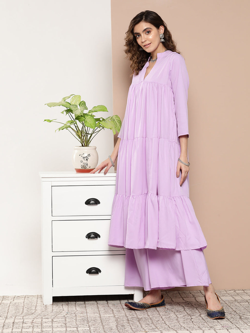 InWeave Women's Mauve Tiered Anarkali Kurta Set