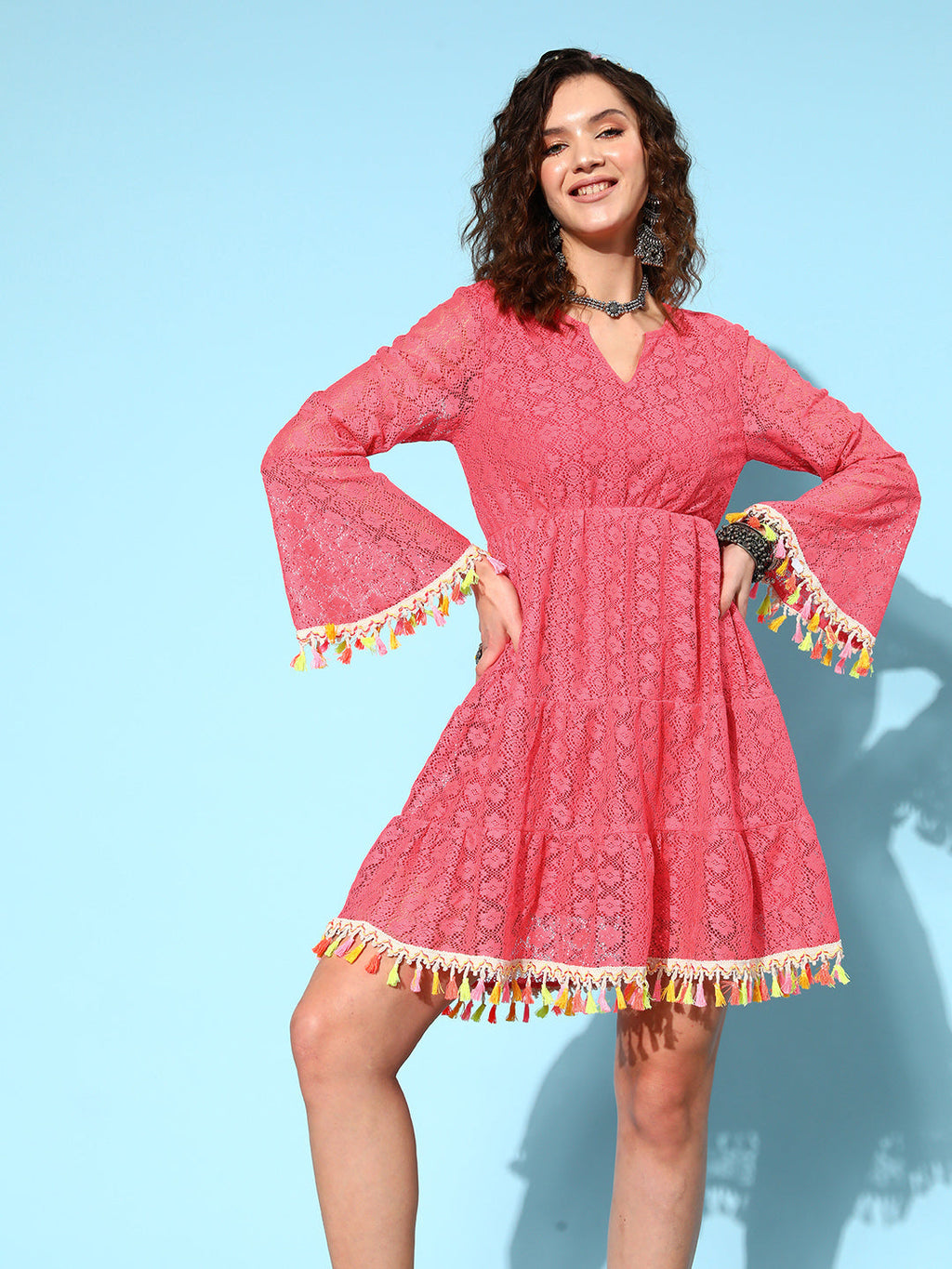 InWeave Women's Peach Lacy Dress With Tassels