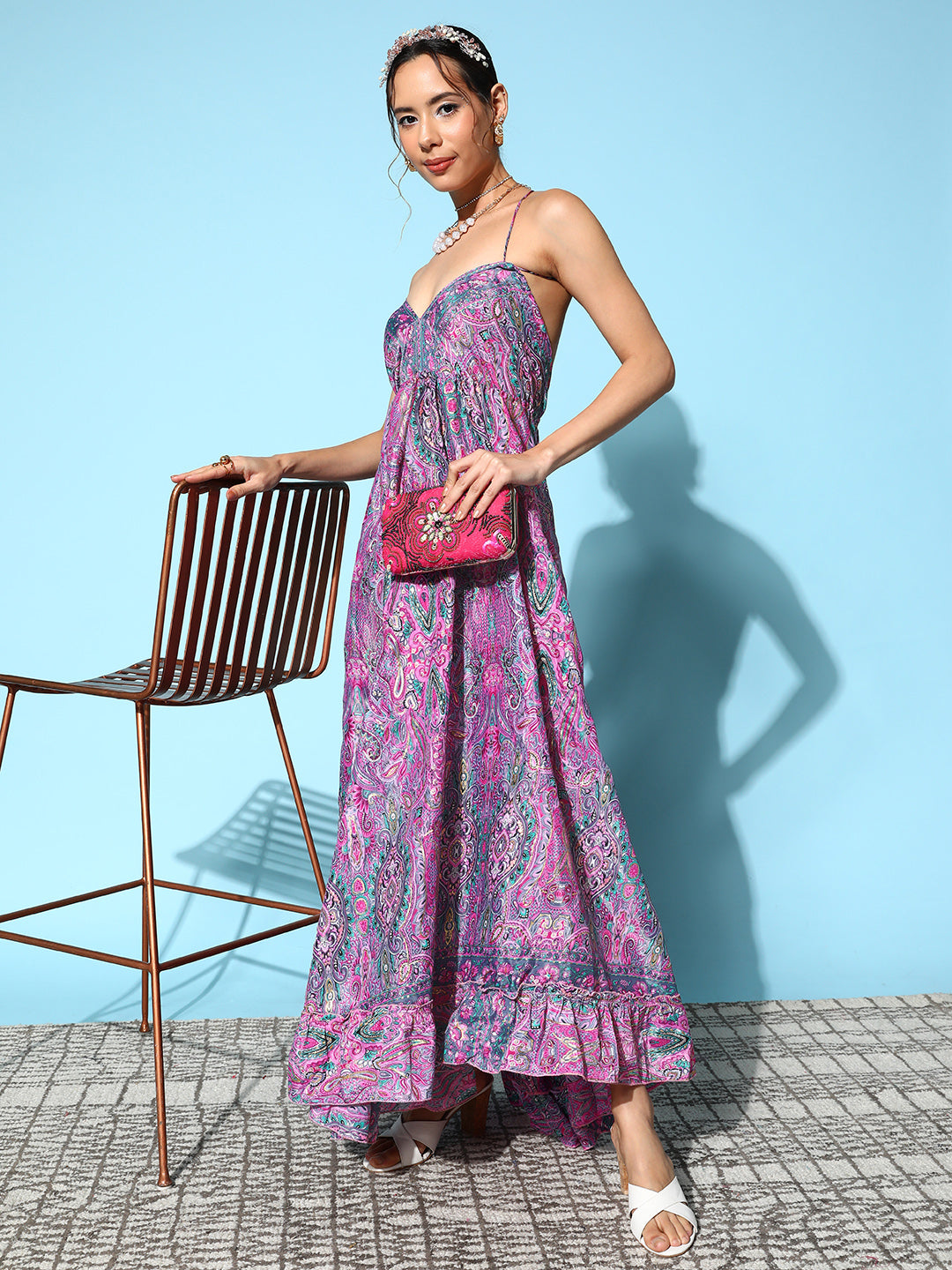 InWeave Women's Pink Paisley Print Back Detail Long Dress