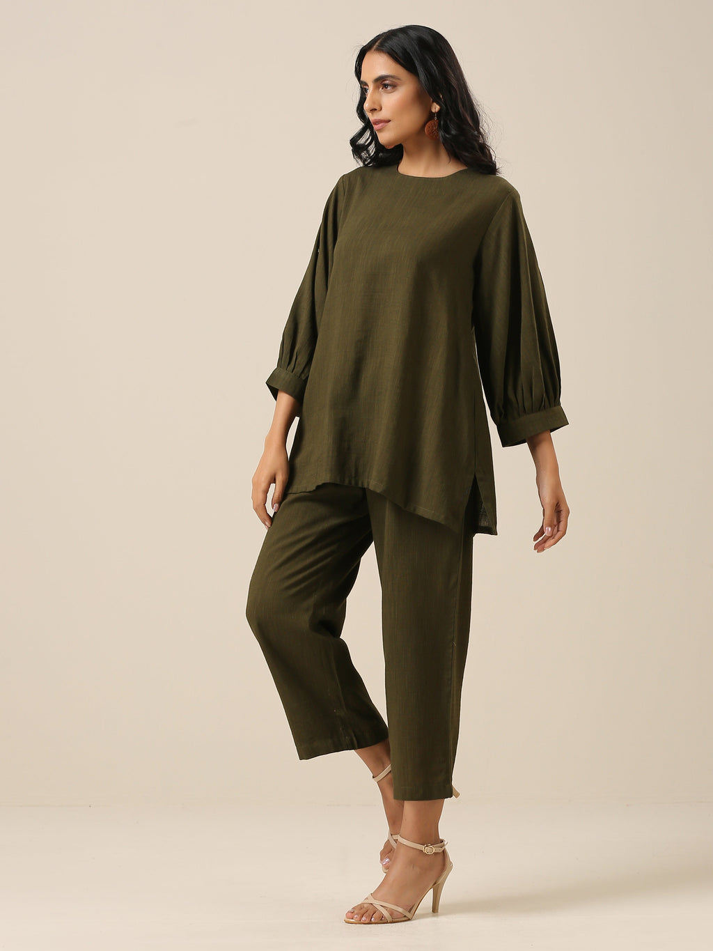 trueBrowns Olive Green Slub Texture Baggy Sleeve Co-Ord Set