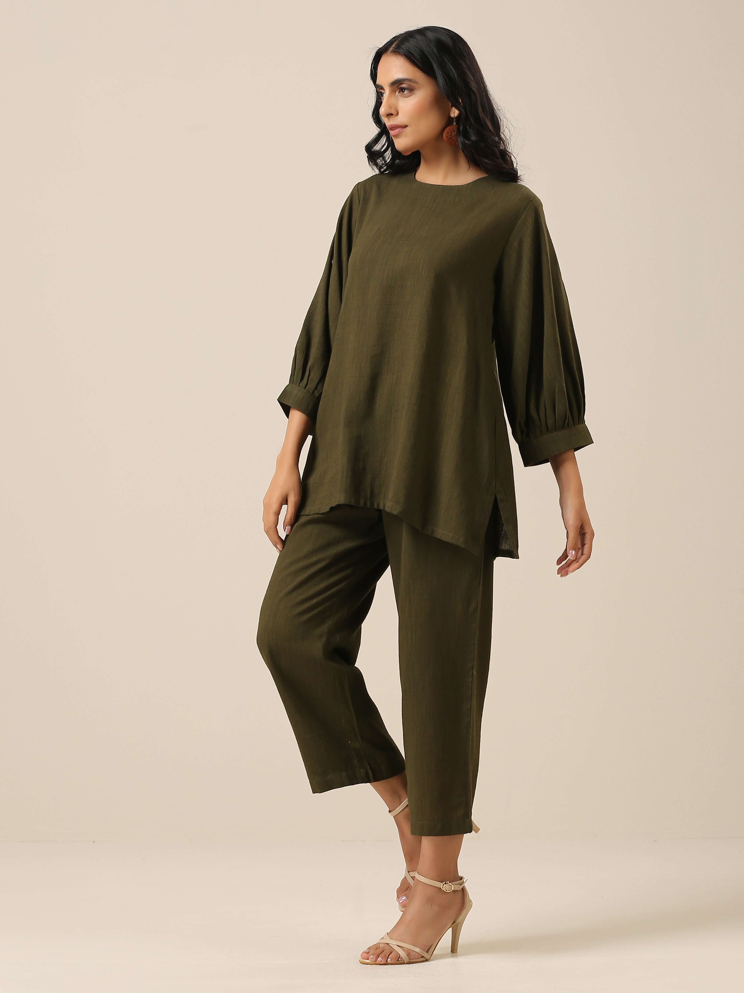 trueBrowns Olive Green Slub Texture Baggy Sleeve Co-Ord Set