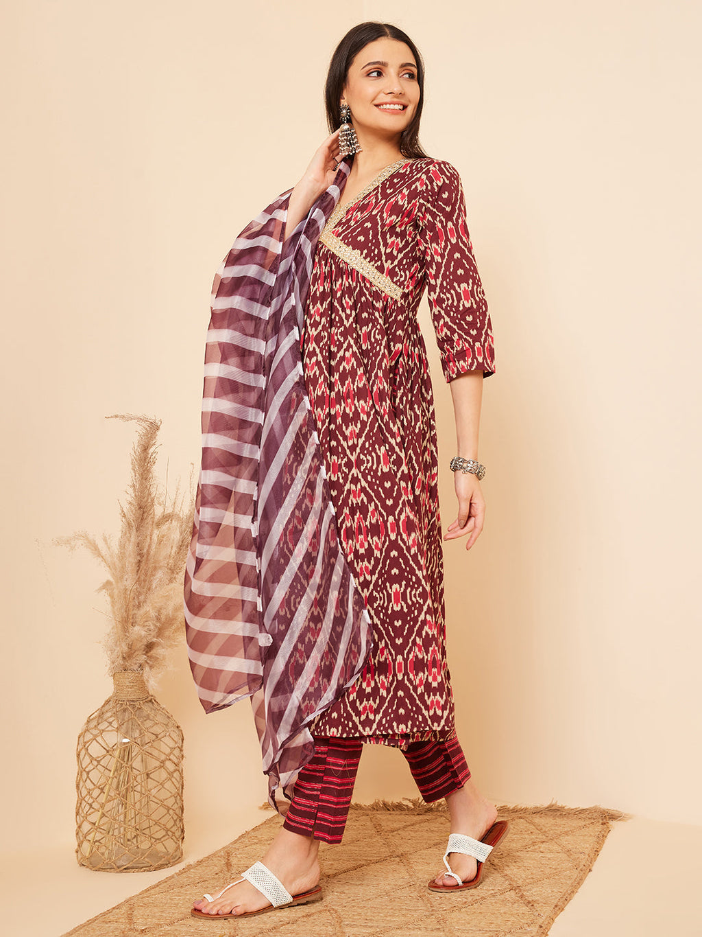InWeave Women's Wine Ikkat Print Alia Cut Gota Work Kurta Set W Wine Leh Dup
