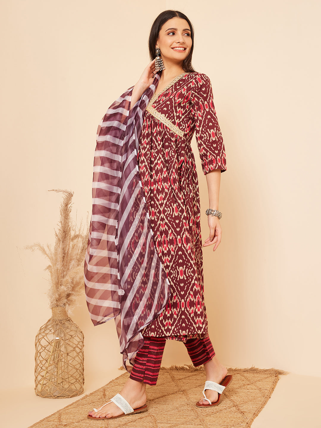 InWeave Women's Wine Ikkat Print Alia Cut Gota Work Kurta Set W Wine Leh Dup