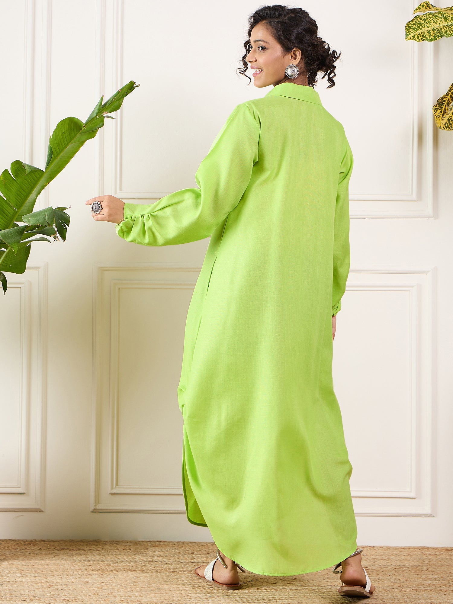InWeave Neon Green Shawl Neck Long Side Pleat Dress