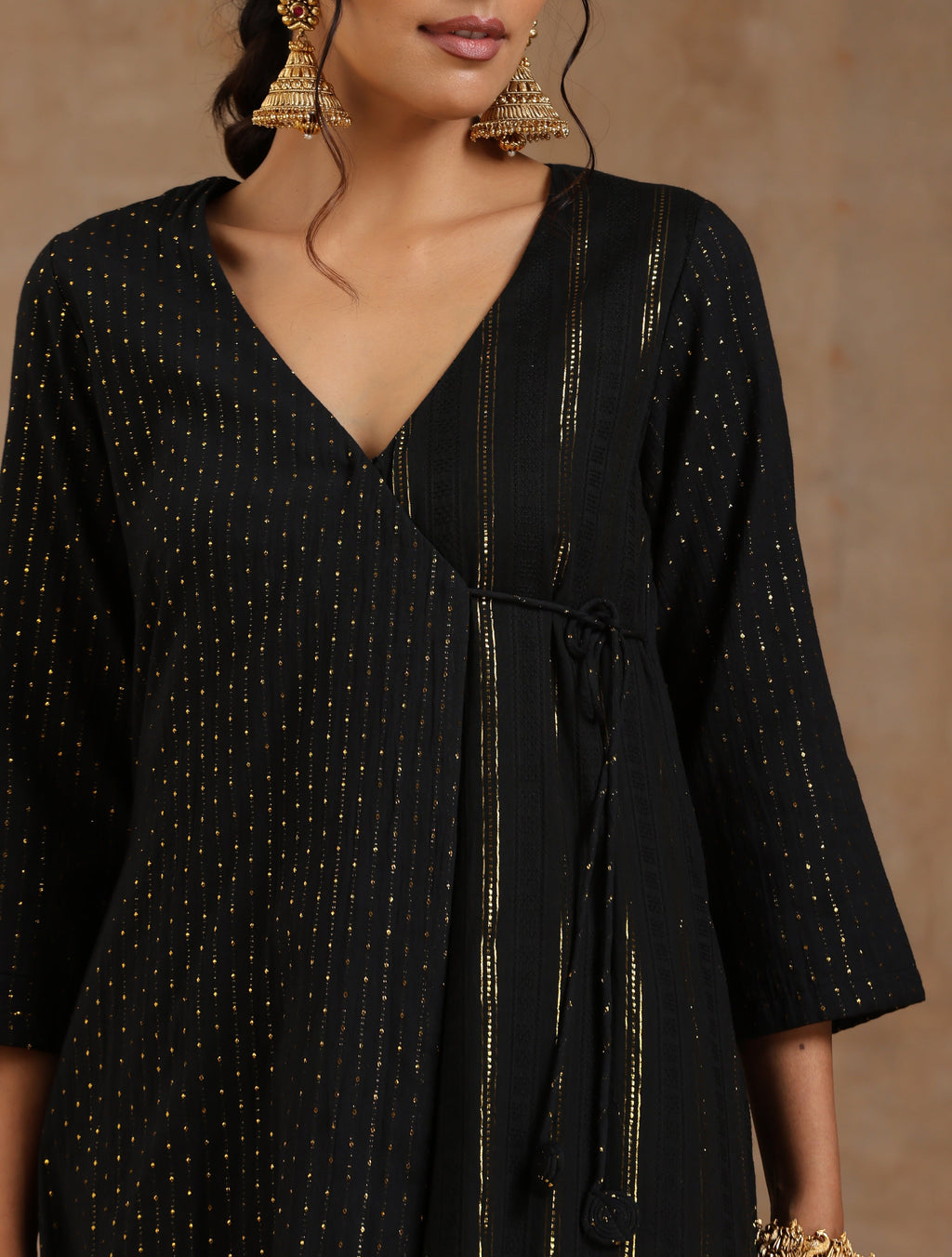 trueBrowns Black Gold Cotton Angrakha Kurta Set