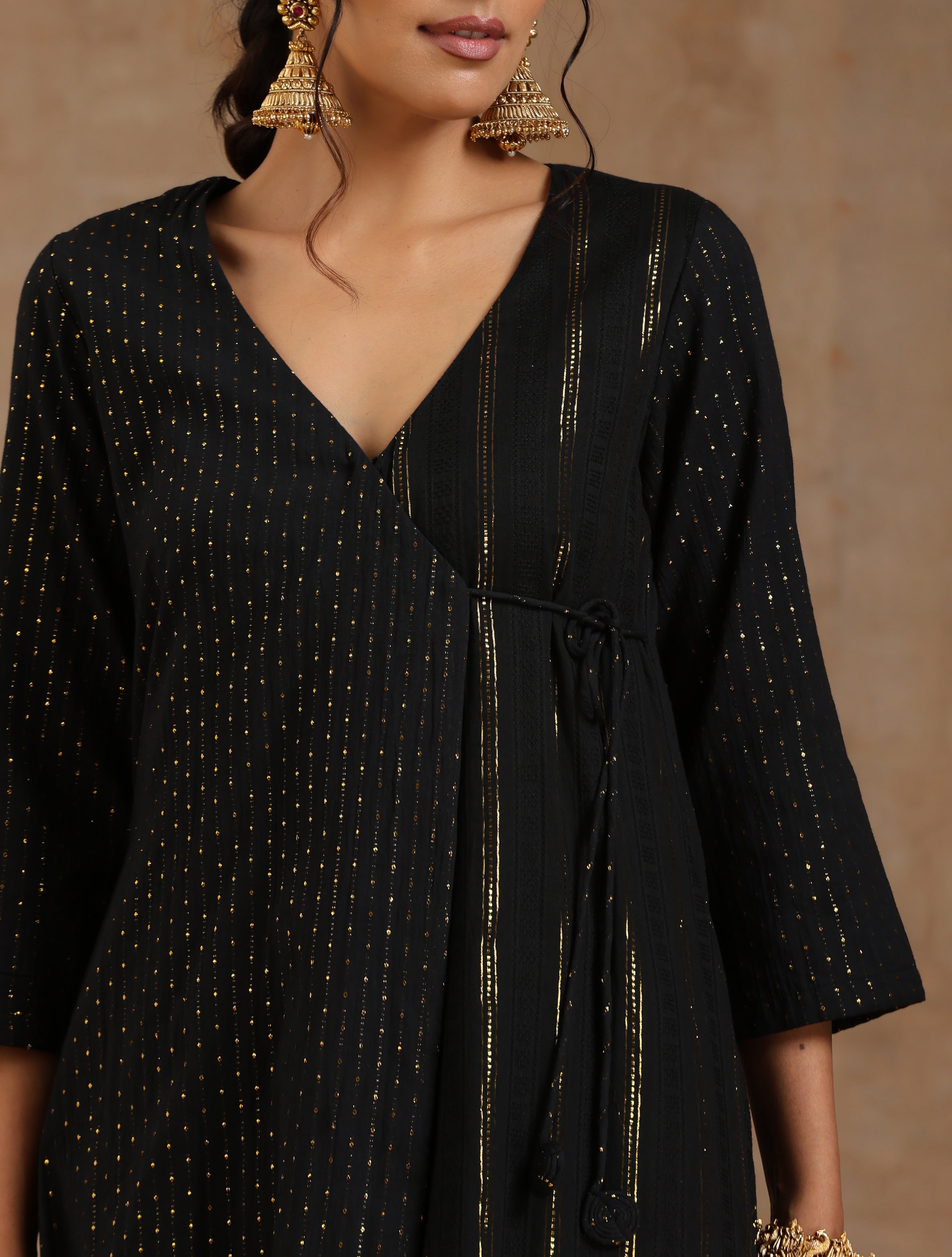trueBrowns Black Gold Cotton Angrakha Kurta Set