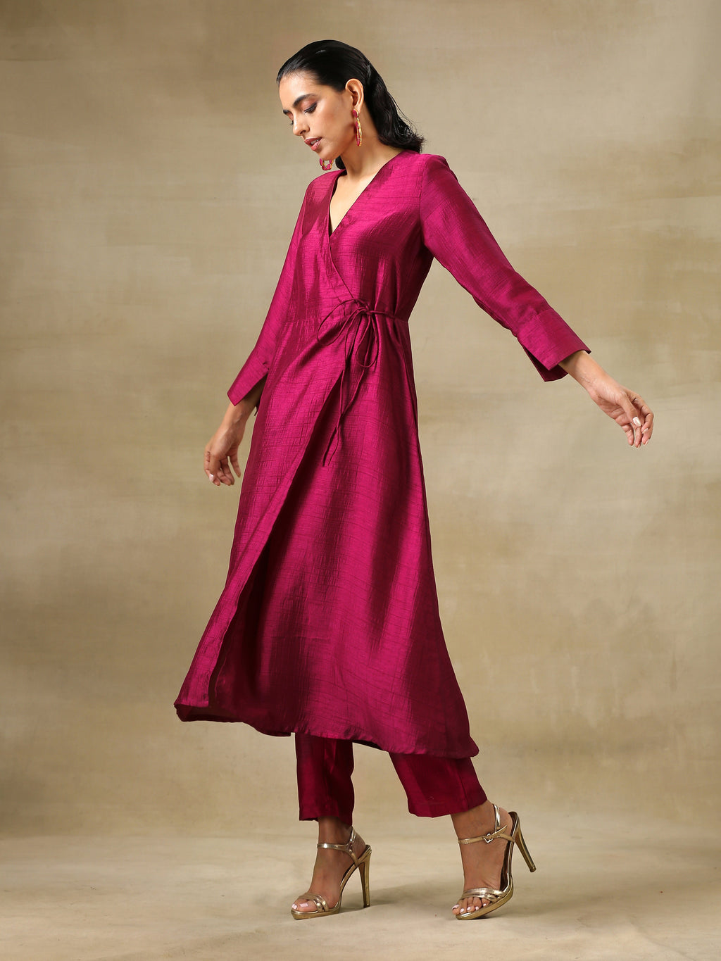 trueBrowns Purple Textured Silk Angrakha Kurta Pant Set