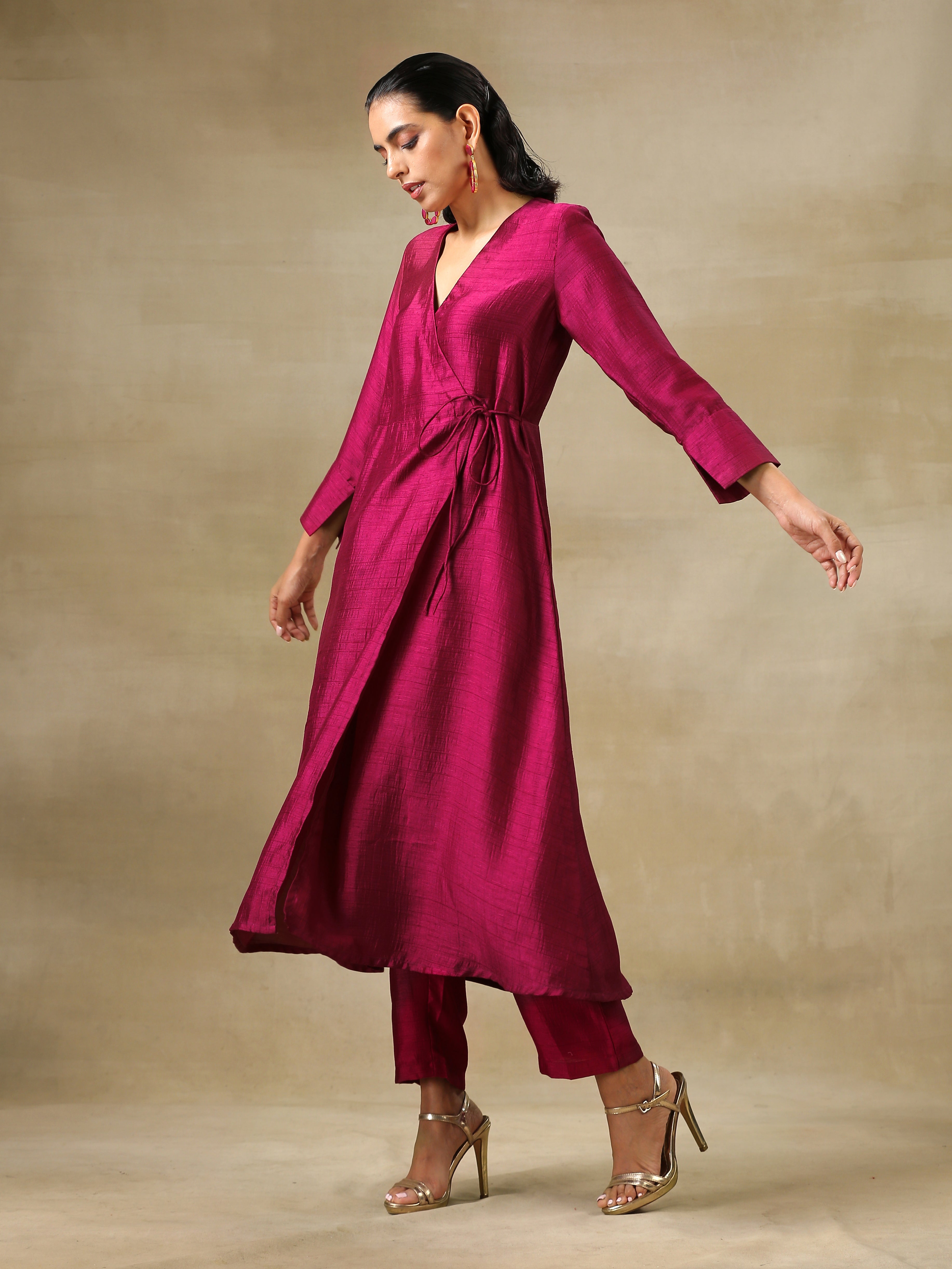 trueBrowns Purple Textured Silk Angrakha Kurta Pant Set