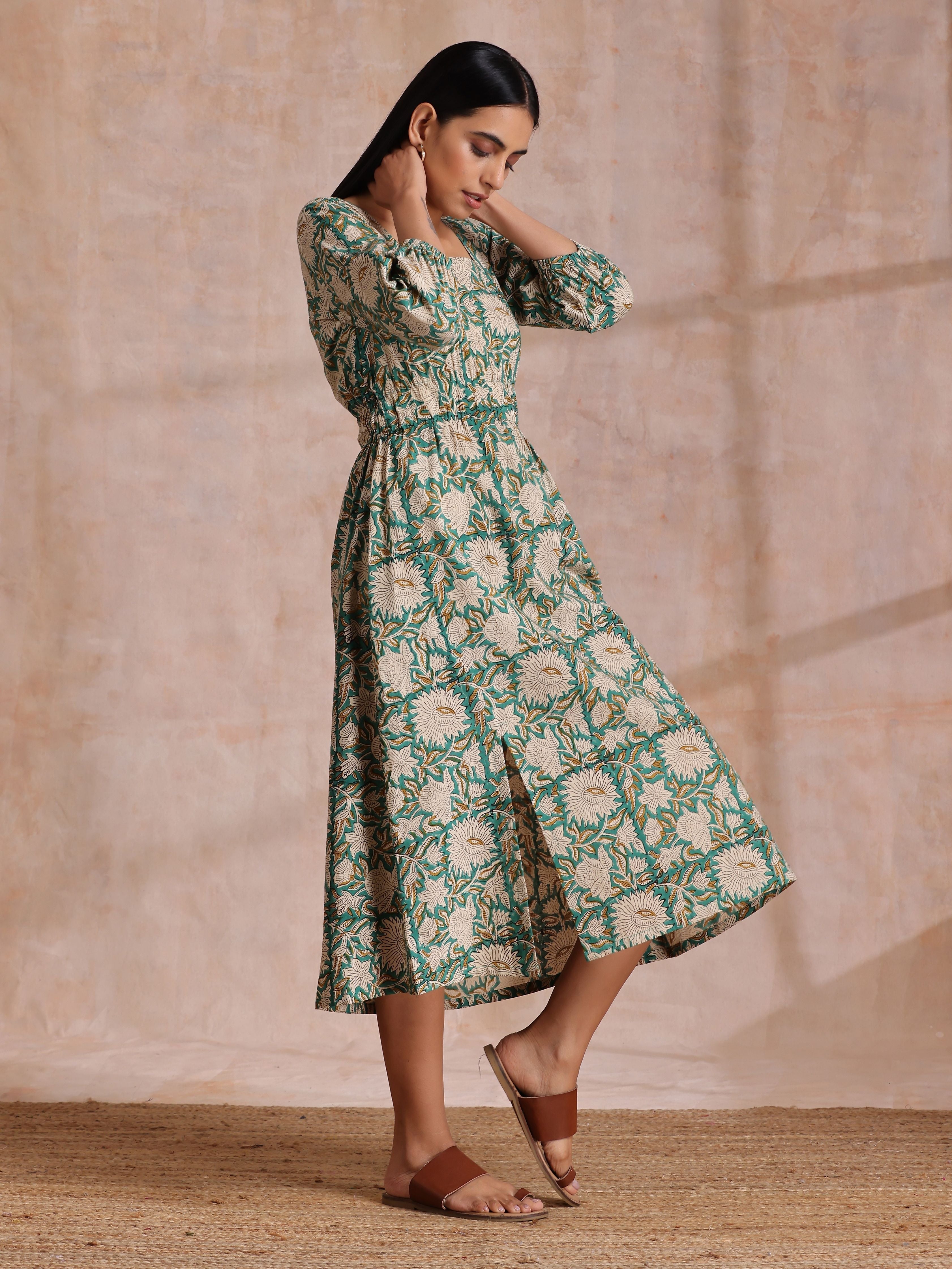trueBrowns Fern Green Overall Floral Block Print Cotton Square Neck Dress