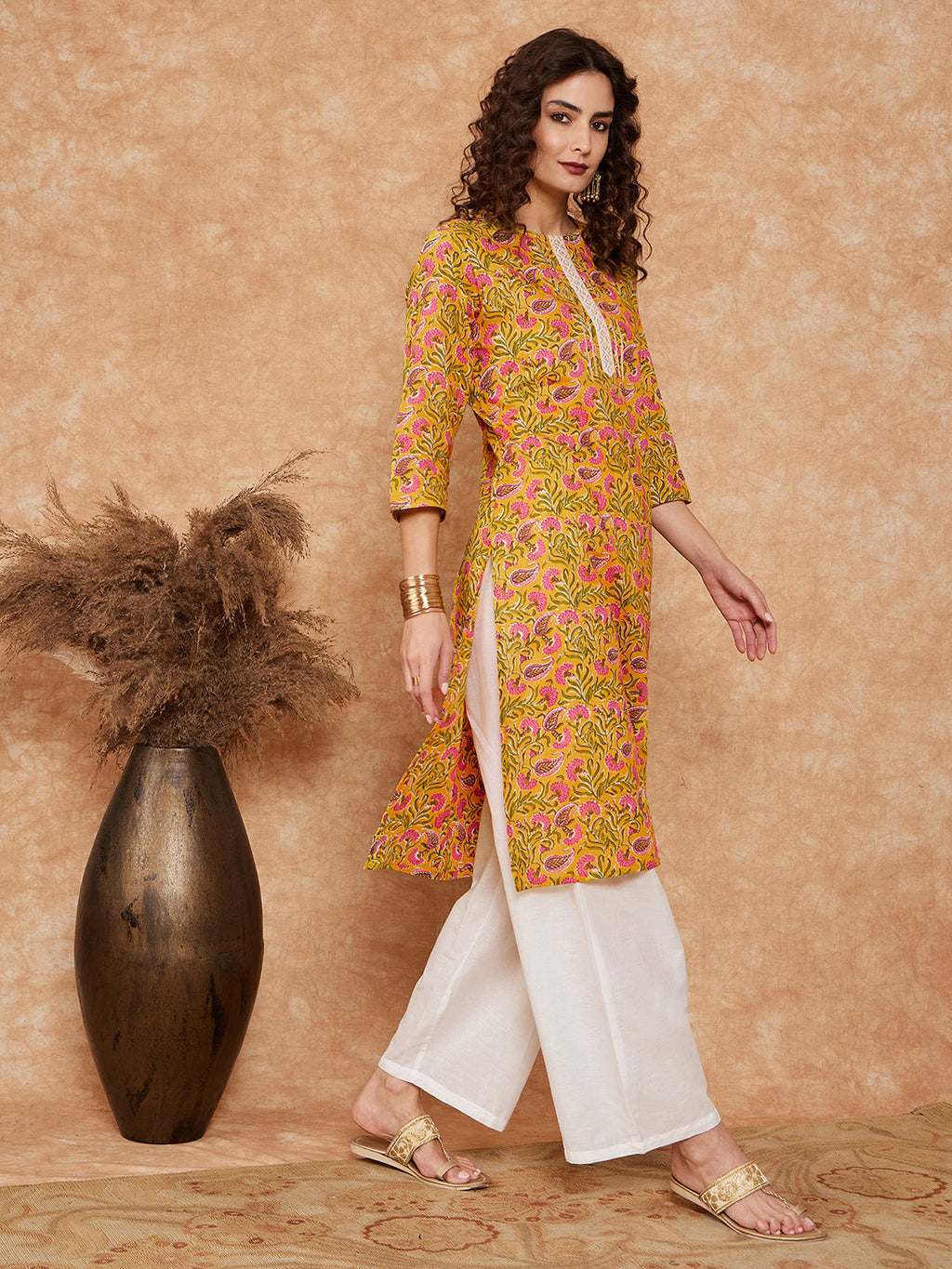InWeave Women's Mustard Green Lace Gota Work Straight Kurta