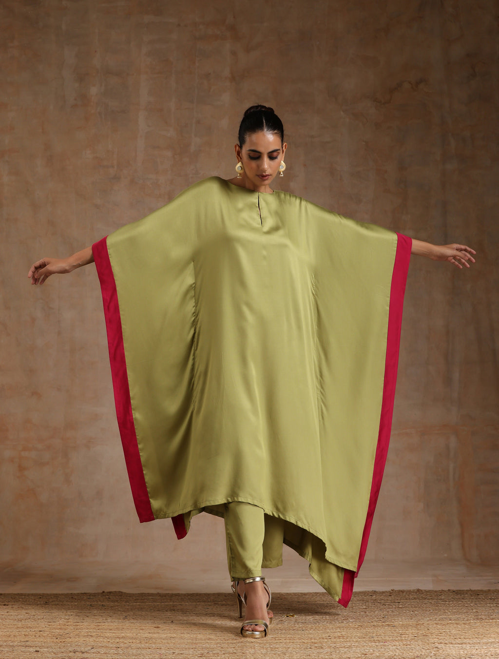 trueBrowns Light Green Modal Satin High-Low Kaftan Kurta Set