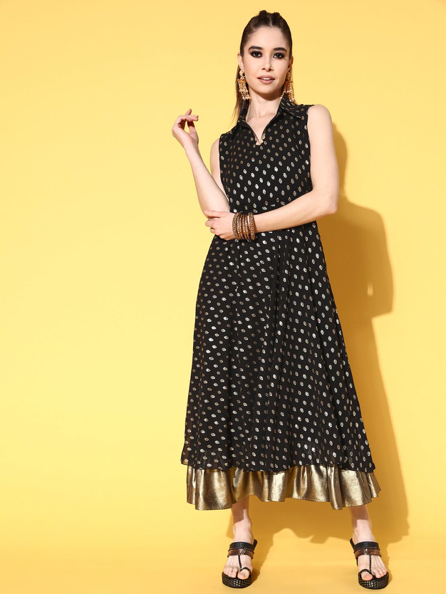 Ahalyaa Black Georgette Ethnic Motifs Printed Shirt-Collar Midi Fit & Flare Ethnic Dress