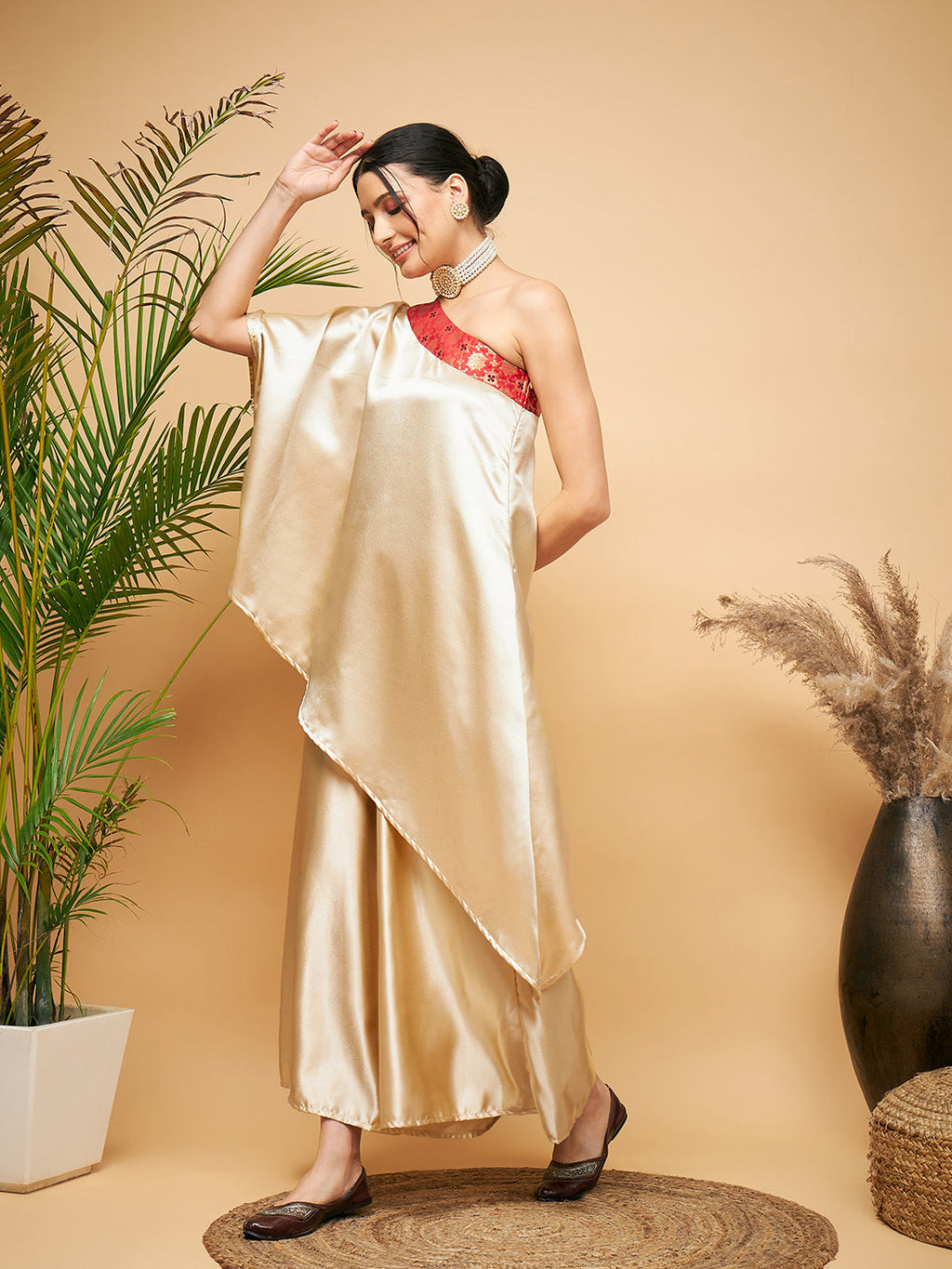 InWeave Women's Beige Red Brocade Oneshoulder Top Satin W Palazzo Set