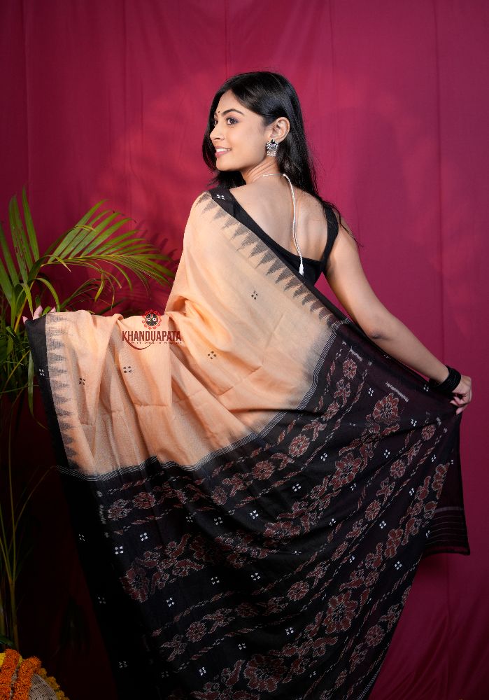 khanduapata Beige & Black Dot Design Cotton Saree For Women