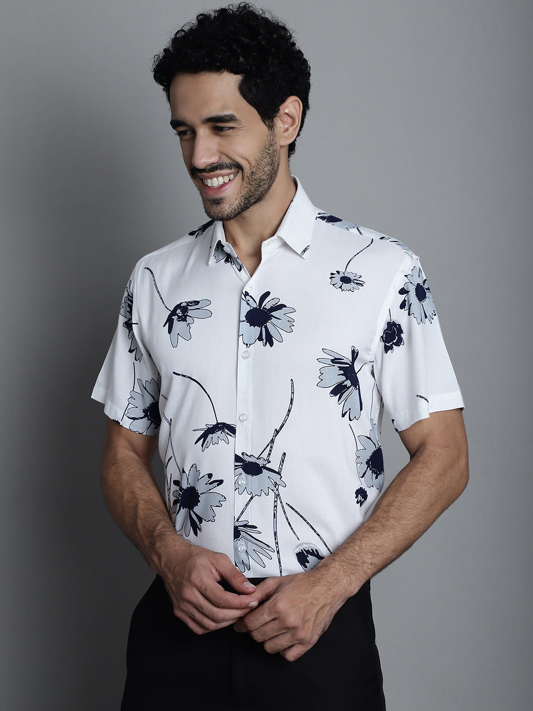 Jainish Men's Floral Printed Formal Shirts - White