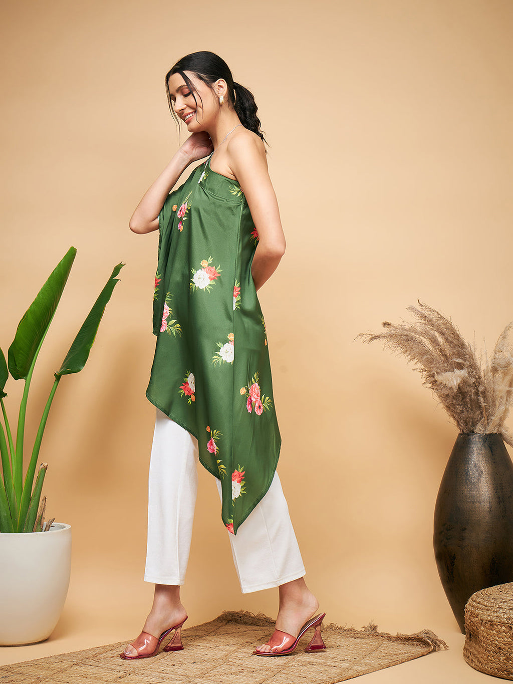 InWeave Women's Green Small Flower One Shoulder Kurta