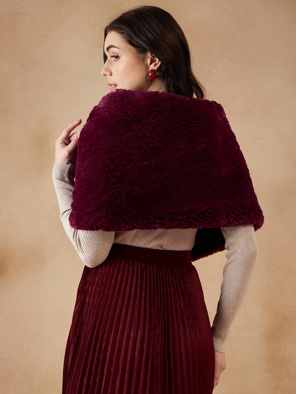 InWeave Women's Burgundy Long Faux Fur Cape