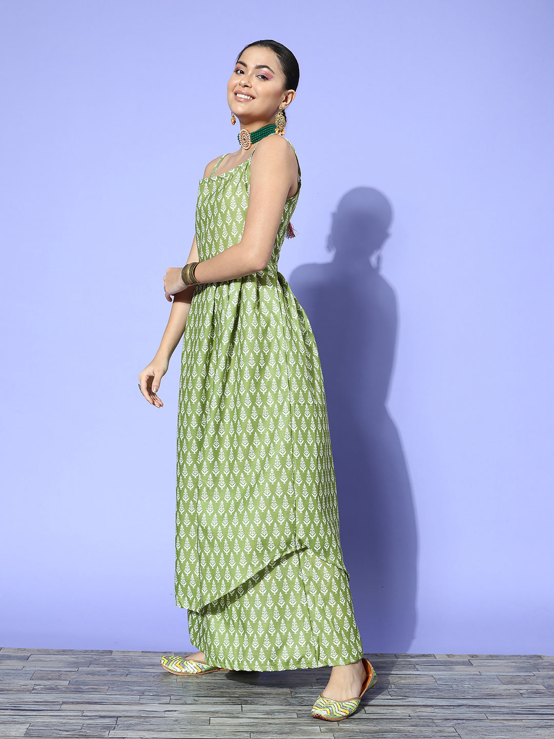 InWeave Women's Green Small Boota Print Strappy Set With Dupatta