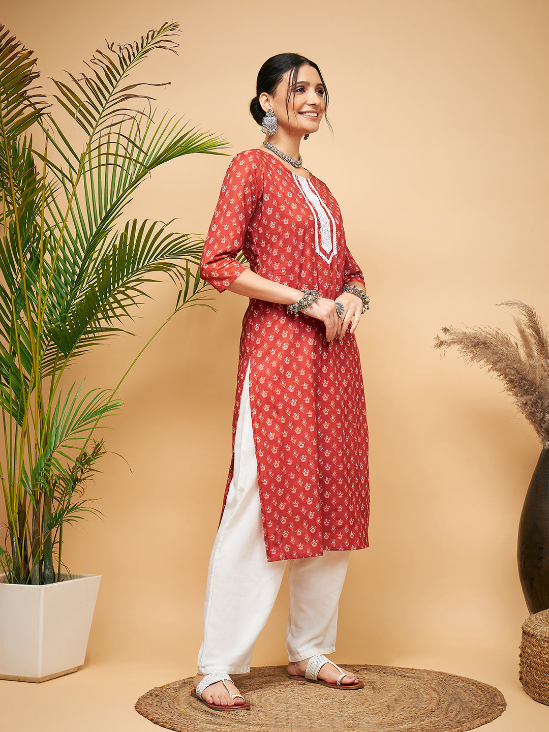 InWeave Women's Rust Small Floral Print Lace Straight Kurta