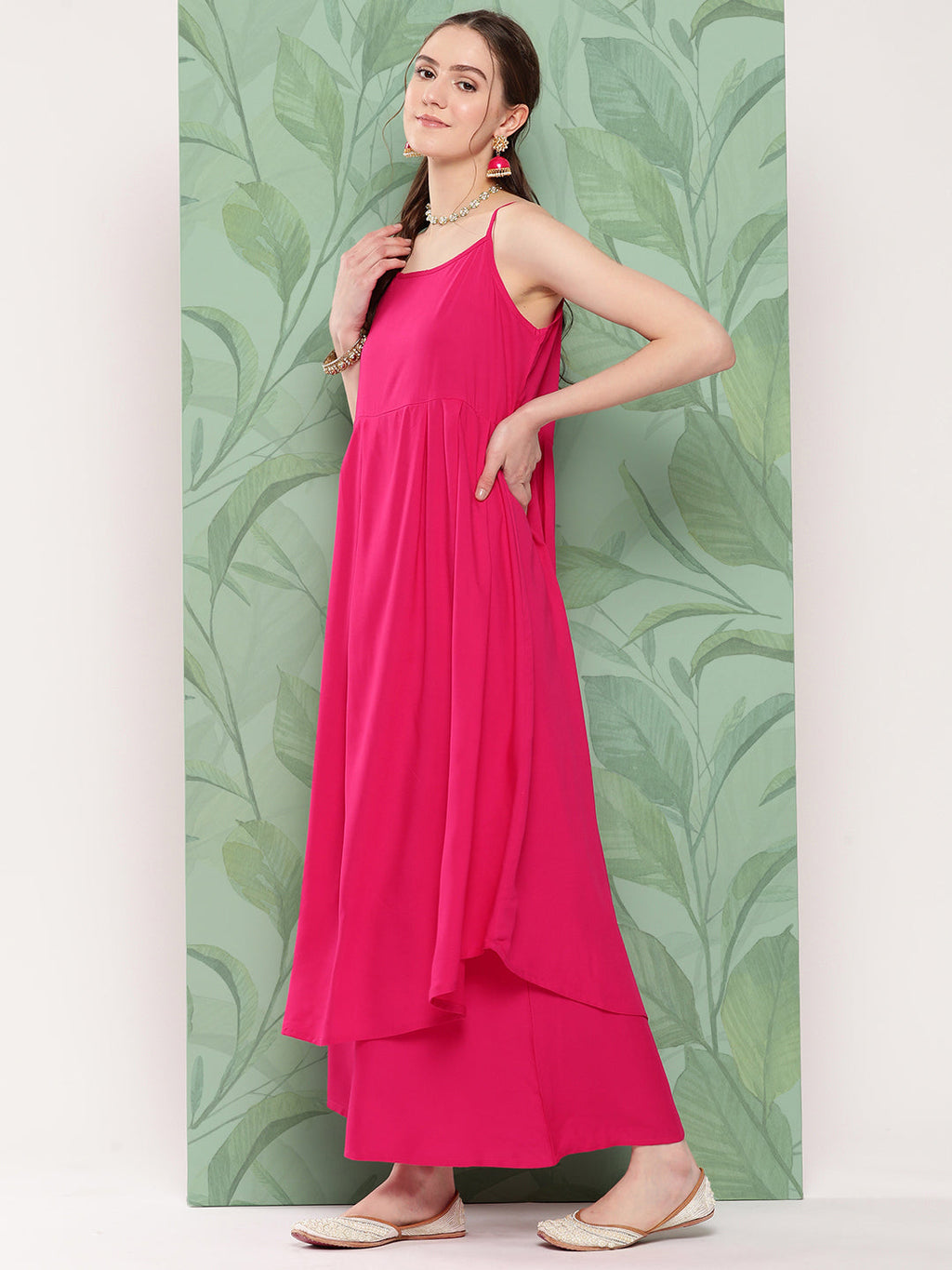 InWeave Women's Fuchsia Strappy Set W Dark Green Camelia Or Dupatta