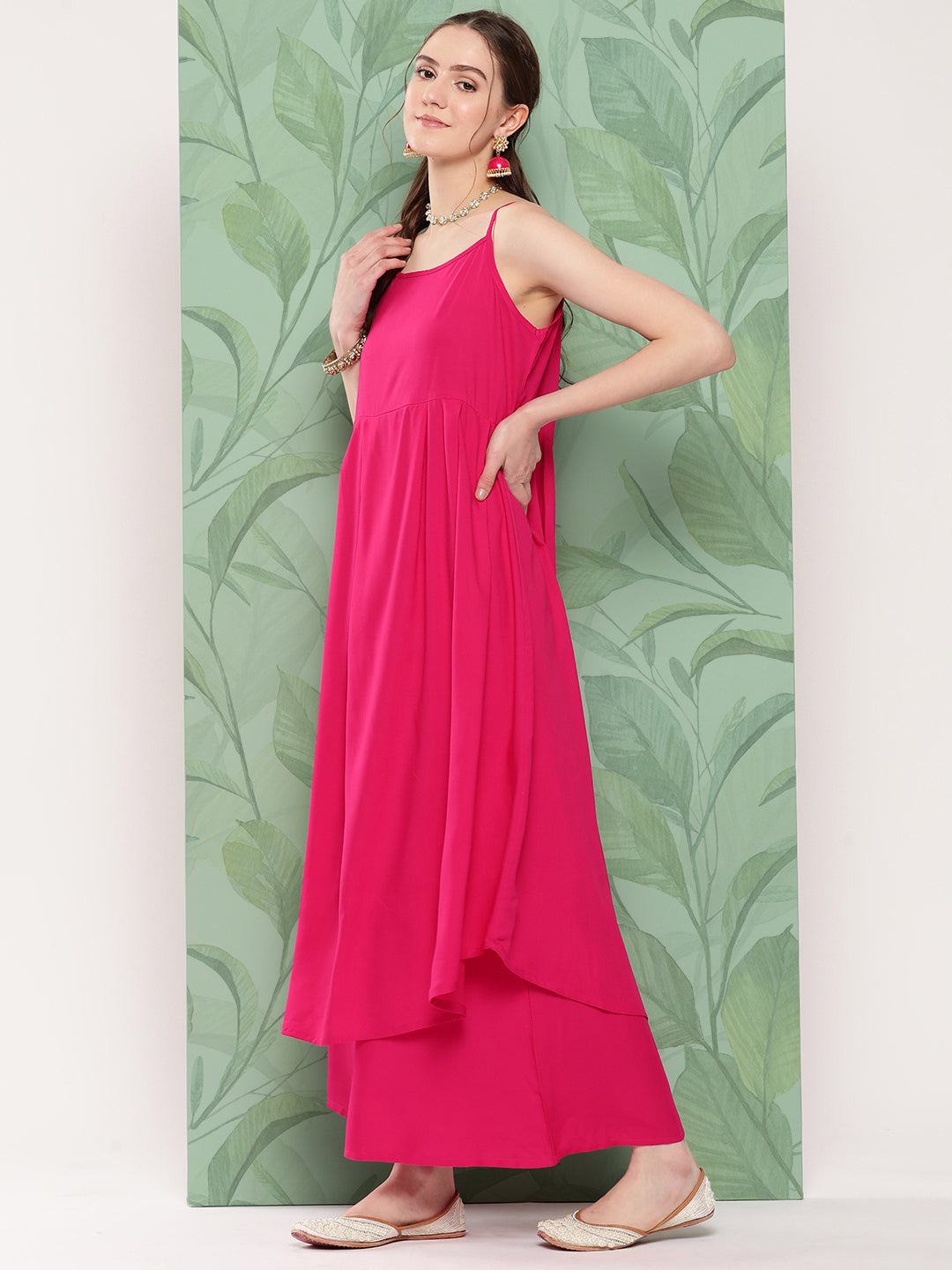 InWeave Women's Fuchsia Strappy Set W Dark Green Camelia Or Dupatta