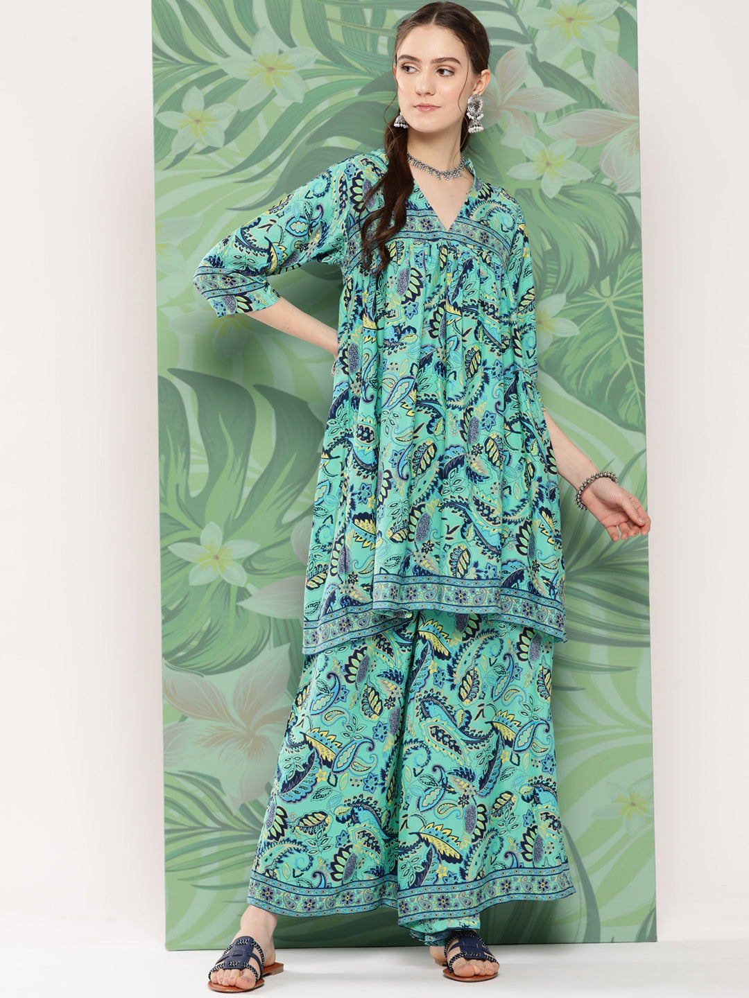 InWeave Women's Turquoise Blue Camelia Printed Ethnic Kurta Set