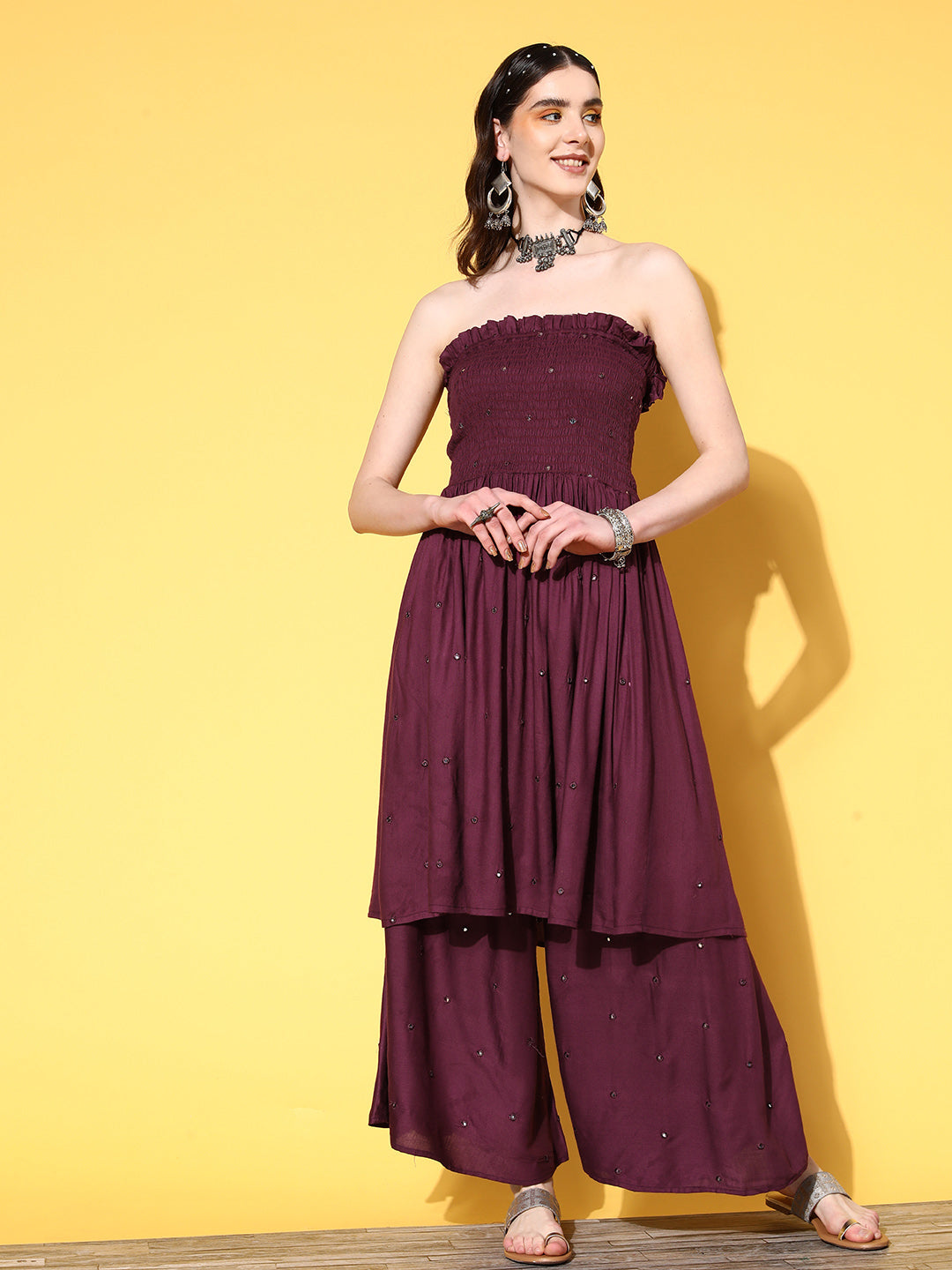 InWeave Women's Wine Mirror Work Off Shoulder Kurta Set