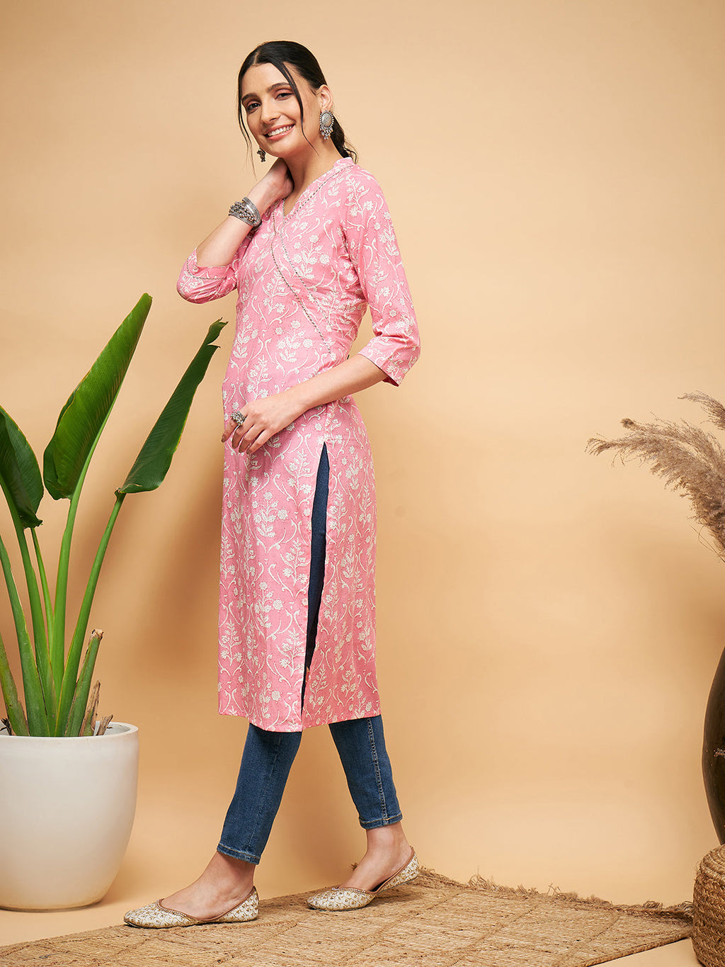 InWeave Women's Light Pink Floral Print Straight Angrakha Gota Kurta