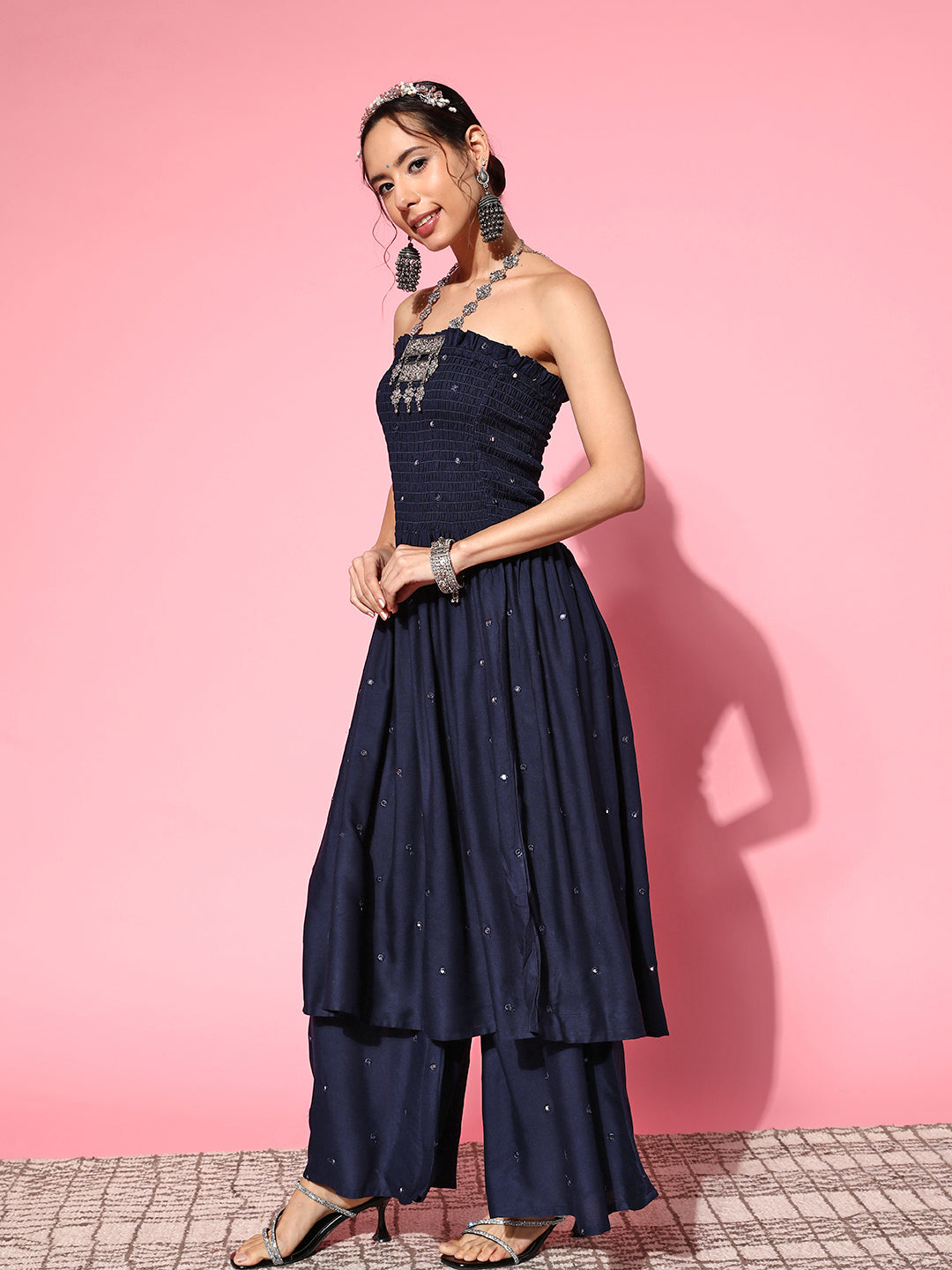 InWeave Women's Navy Blue Mirror Work Off Shoulder Kurta Set