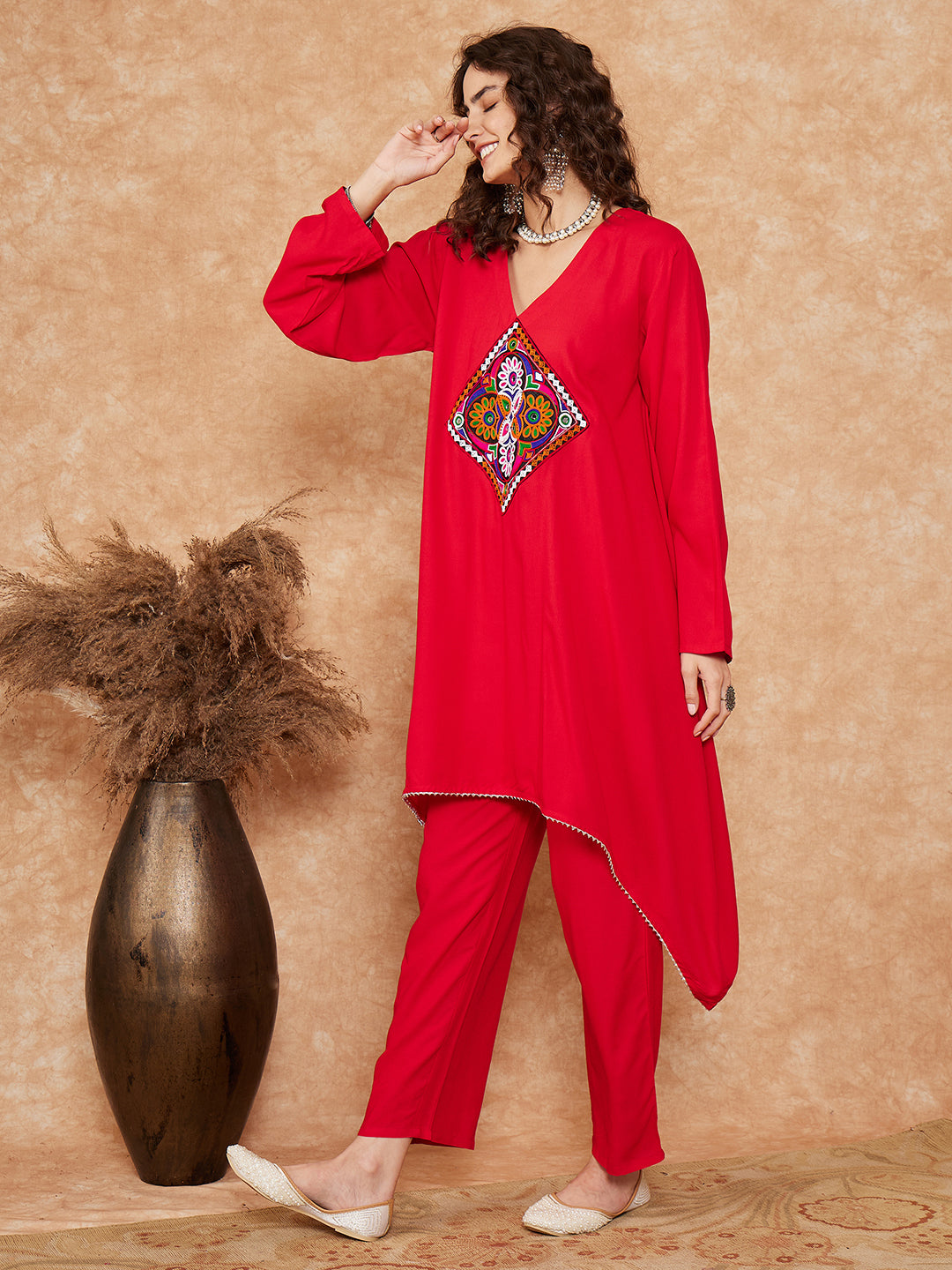 InWeave Women's Red Square Maroon Patch Work Assymentrical Kurta Set