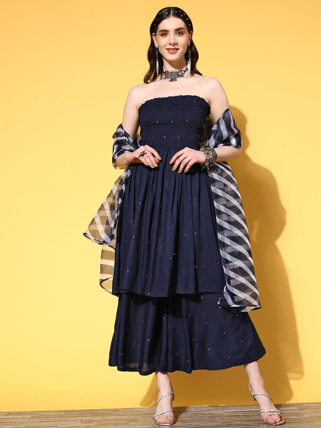 InWeave Women's Navy Mirror Work Off Shoulder Kurta Set With Dupatta