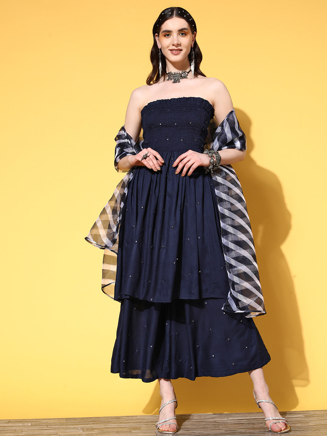 InWeave Women's Navy Mirror Work Off Shoulder Kurta Set With Dupatta