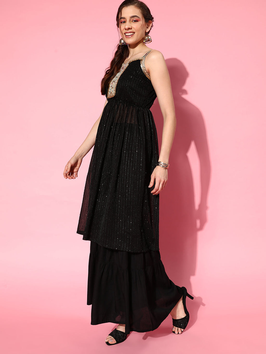 InWeave Women's Black Gota Insert Neckline Sharara Set