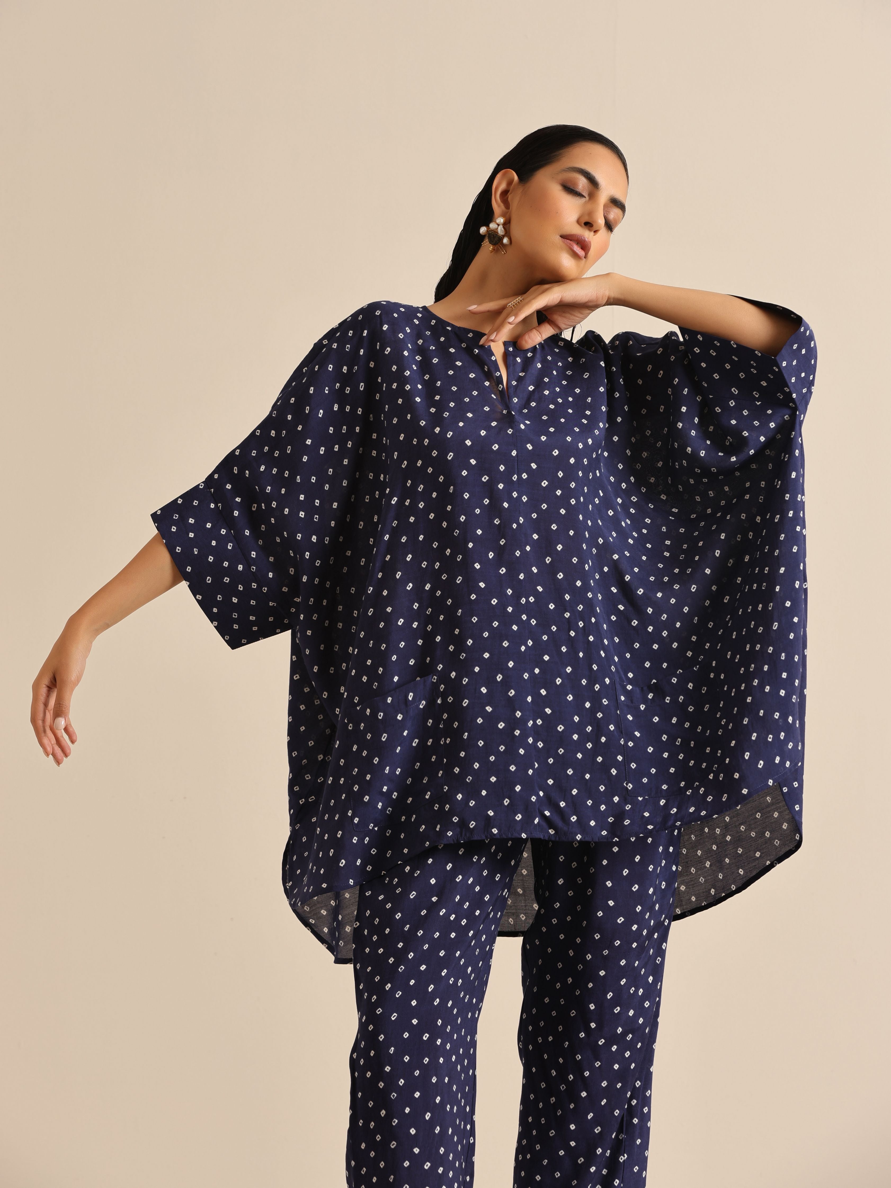 trueBrowns Blue Bandhani Silk Printed Boxy Fit Co-Ord Set