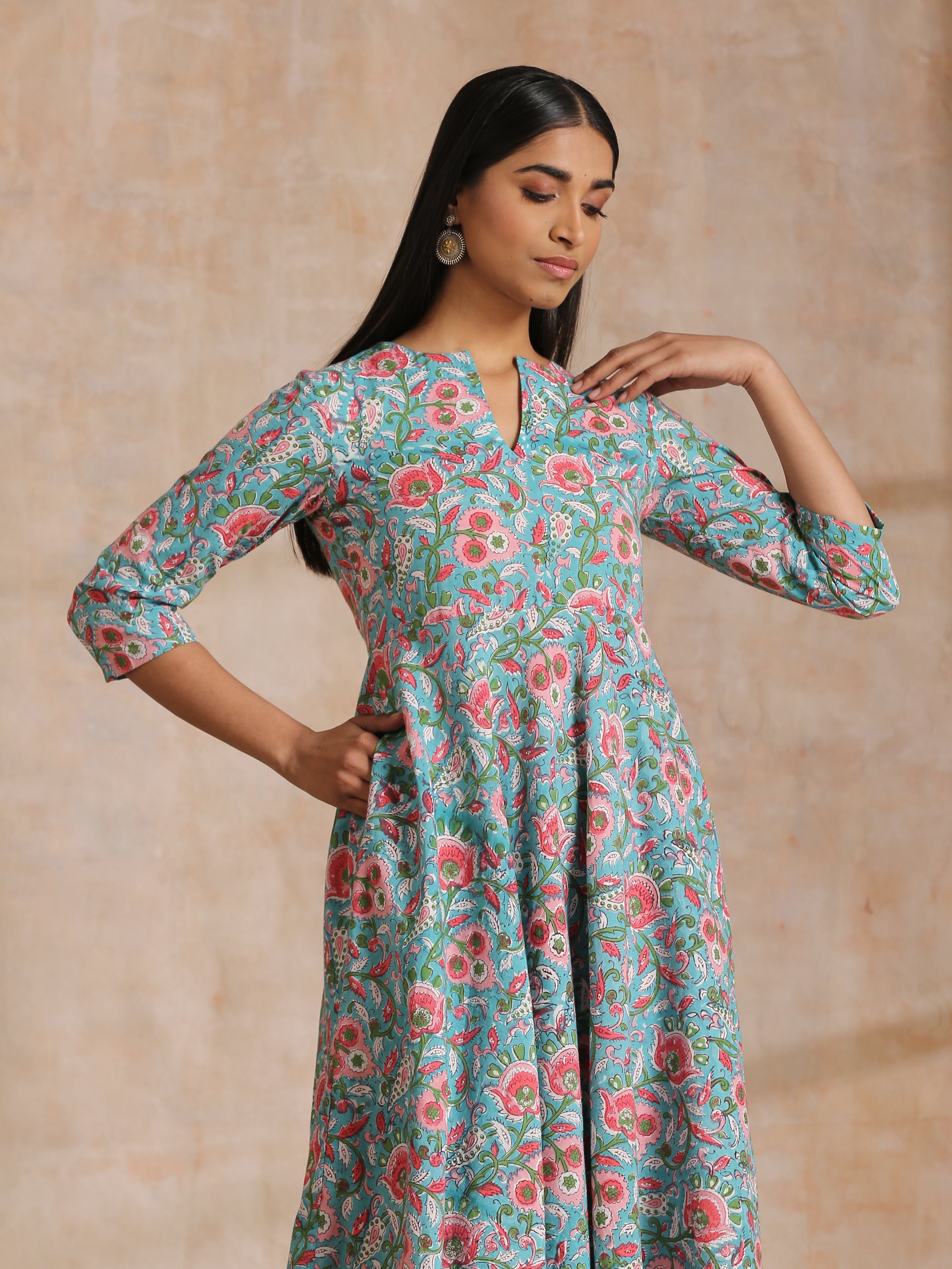 trueBrowns Turkish Blue Overall Floral Block Print Cotton Flared Kurta Pant Set