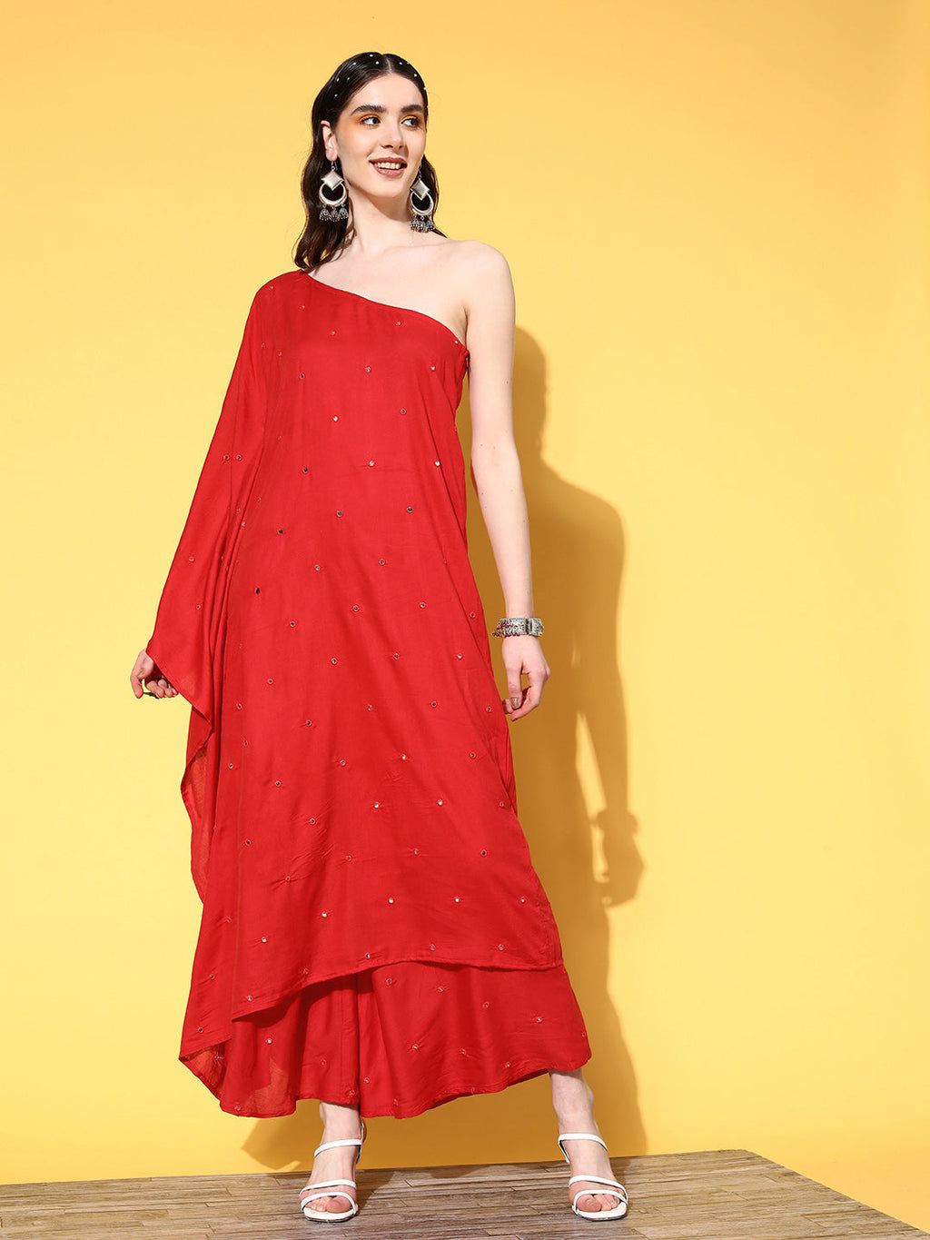 InWeave Women's Red Mirror Work One Shoulder Kurta Set