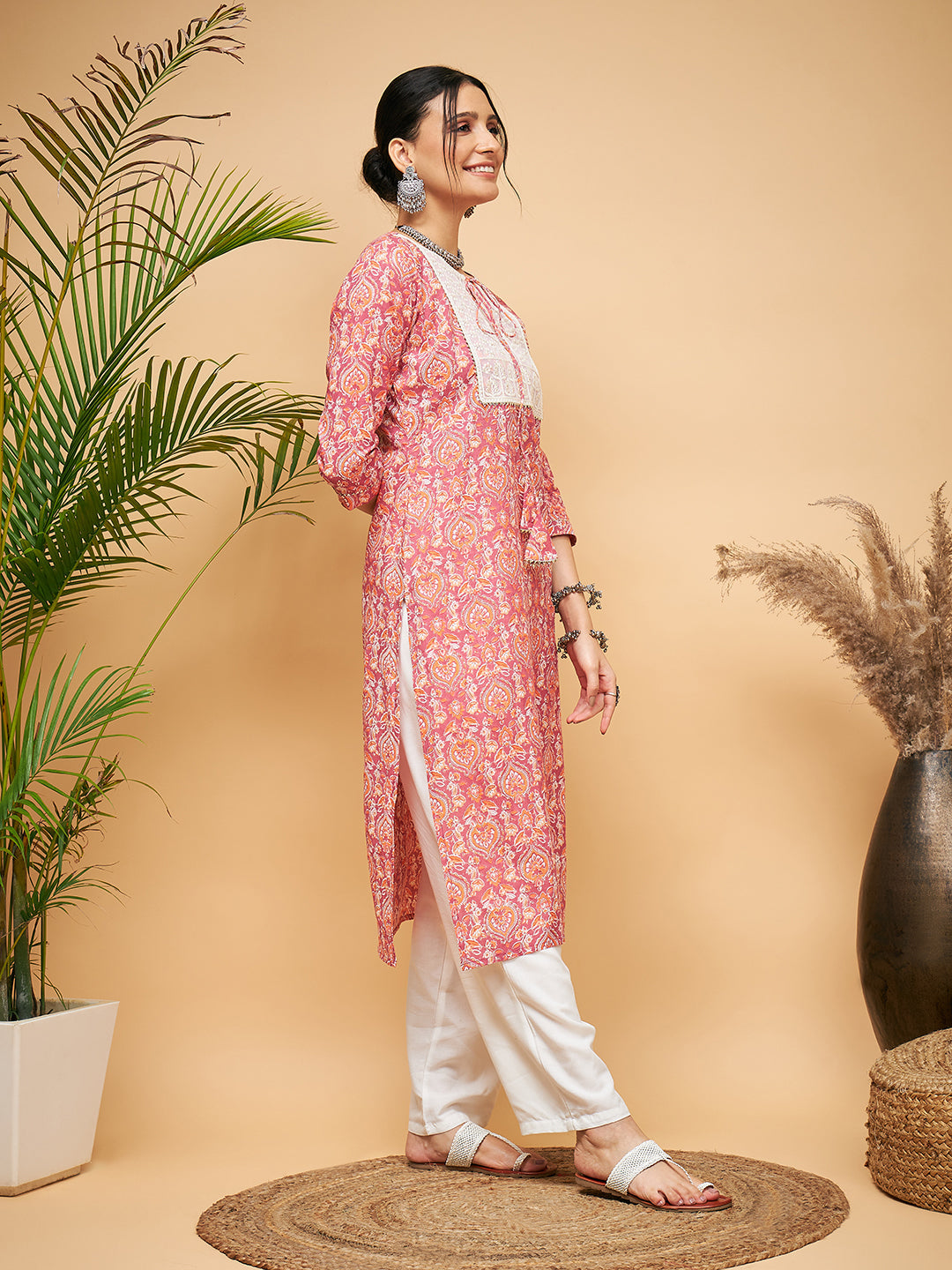 InWeave Women's Dusty Pink Paisley Patch Straight Kurta Pant Set