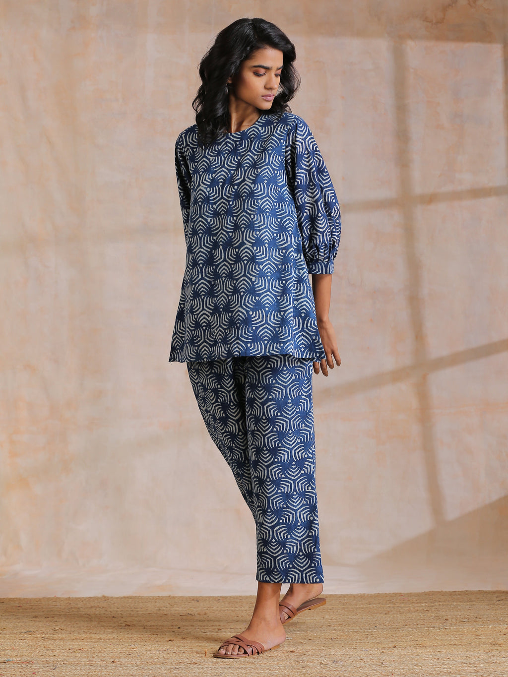 trueBrowns Indigo Dabu Overall Print Cotton Baggy Sleeve Co-Ord Set