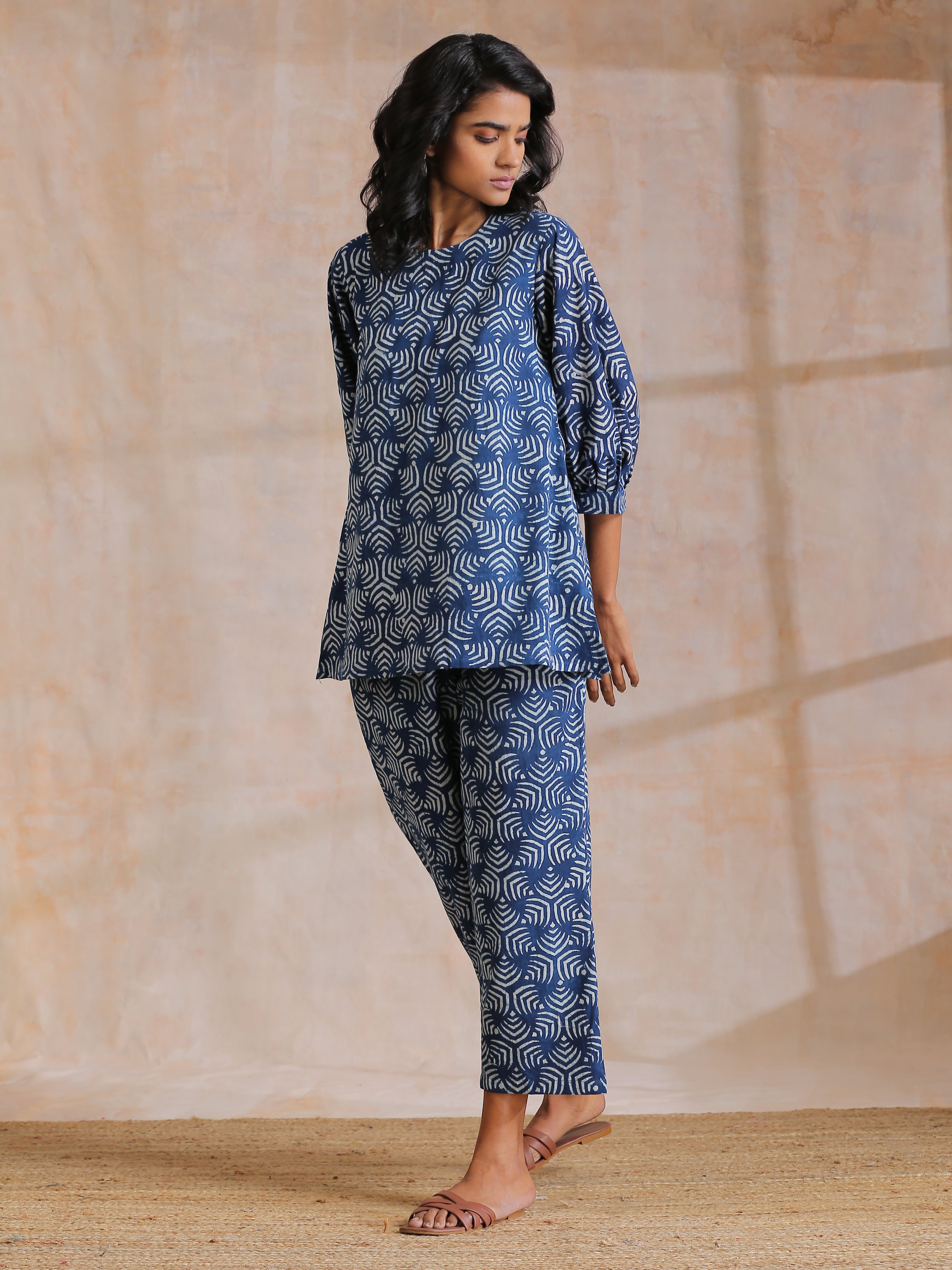 trueBrowns Indigo Dabu Overall Print Cotton Baggy Sleeve Co-Ord Set