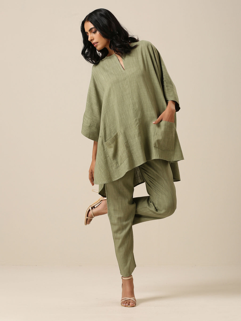 trueBrowns Sage Slub Texture Boxy Fit High Low Co-Ord Set