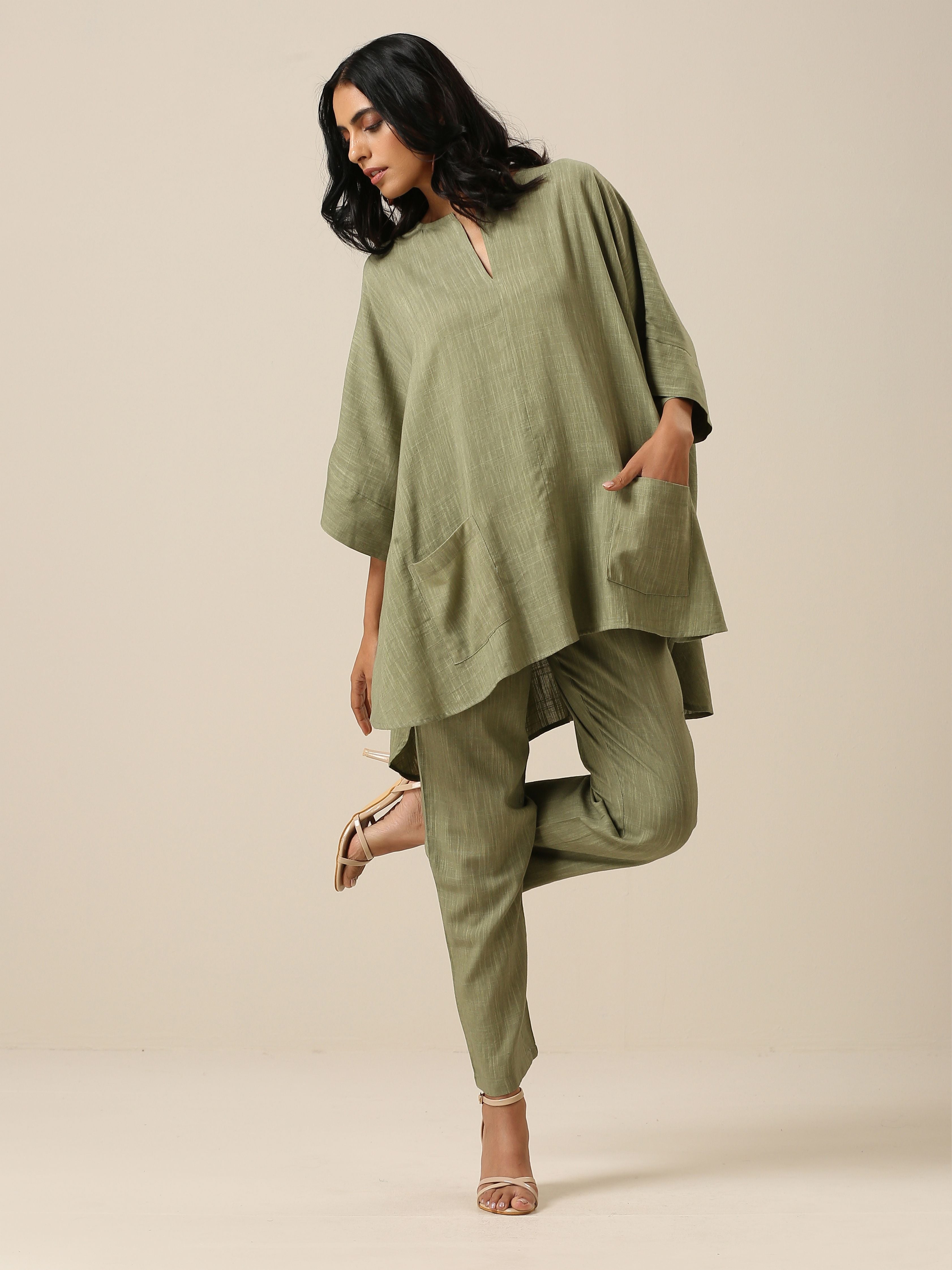 trueBrowns Sage Slub Texture Boxy Fit High Low Co-Ord Set