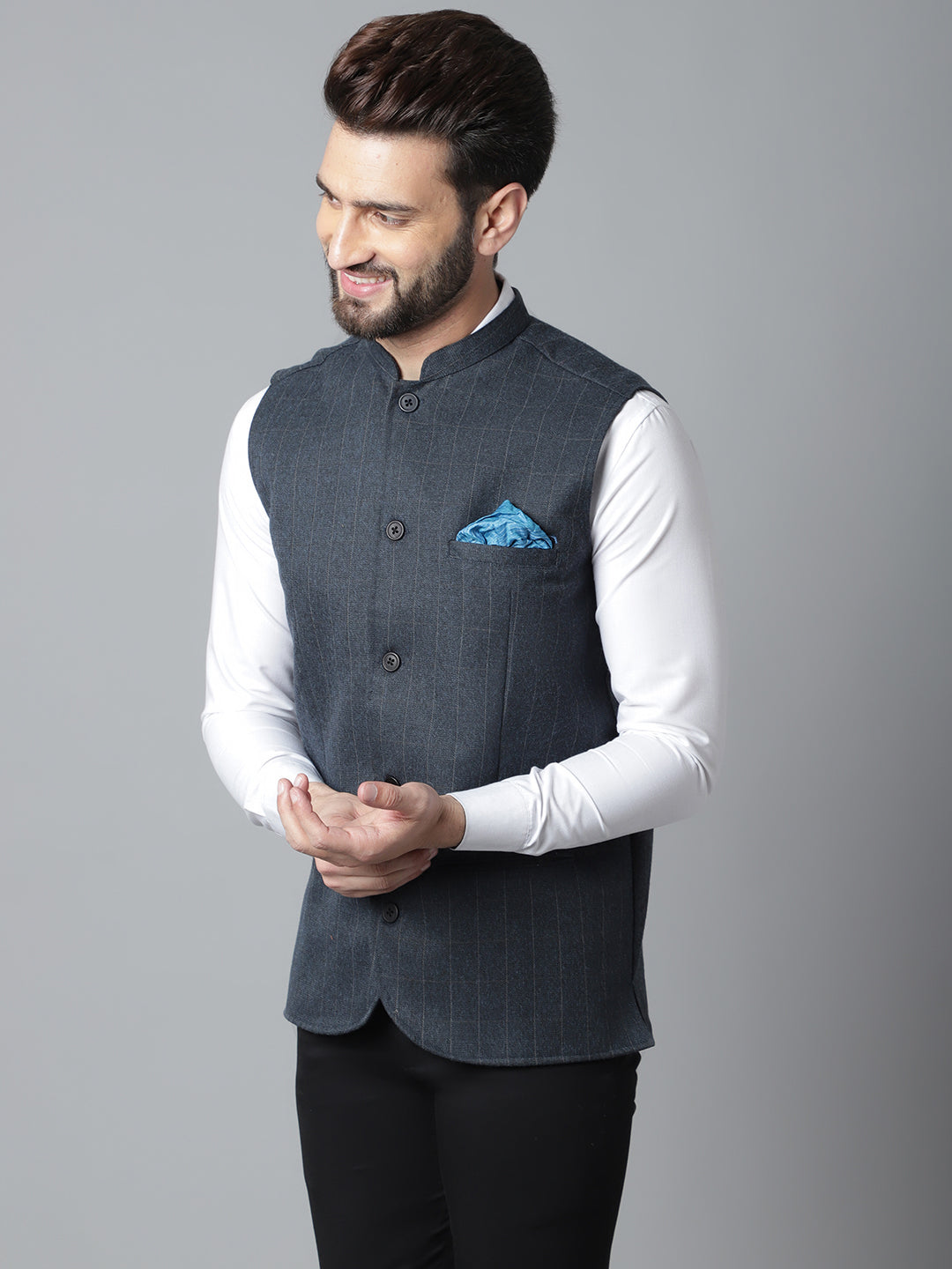 Even Apparels Men's Blue Nehru Jacket With Welt Pockets