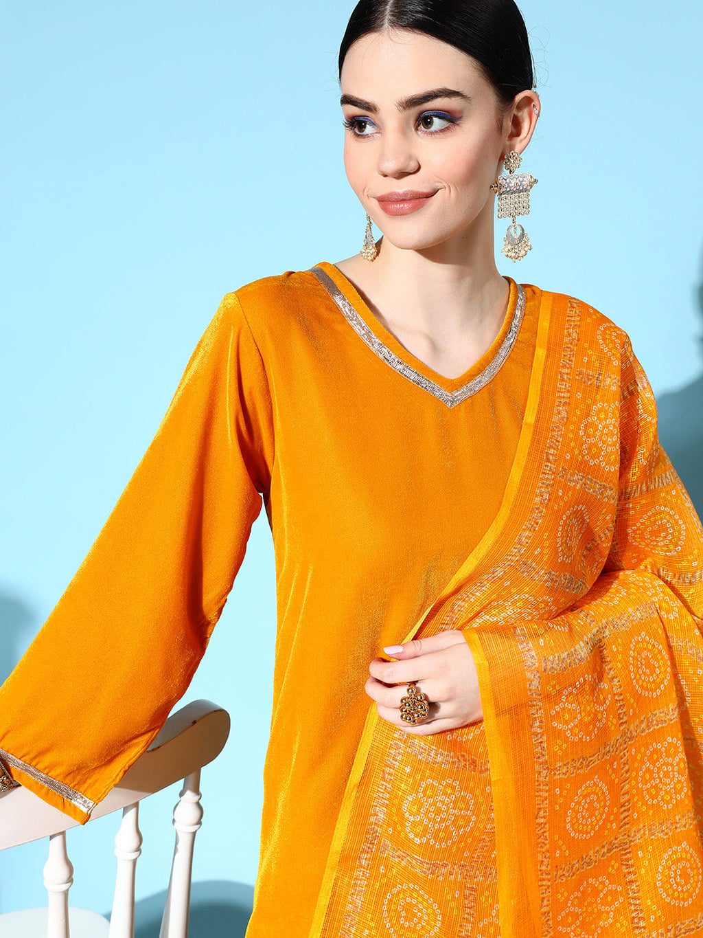 InWeave Women's Mustard Velvet Kurta Set With Mustard Kota Bandhani Dupatta