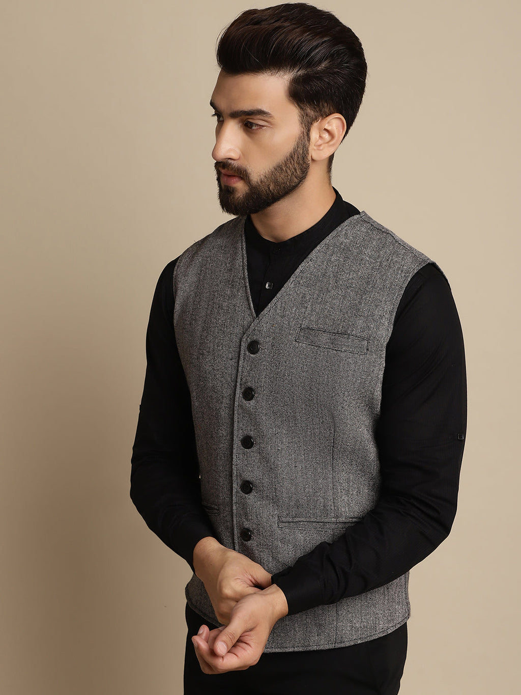 Even Apparels Men's Black Woolen Waistcoat with welt pockets