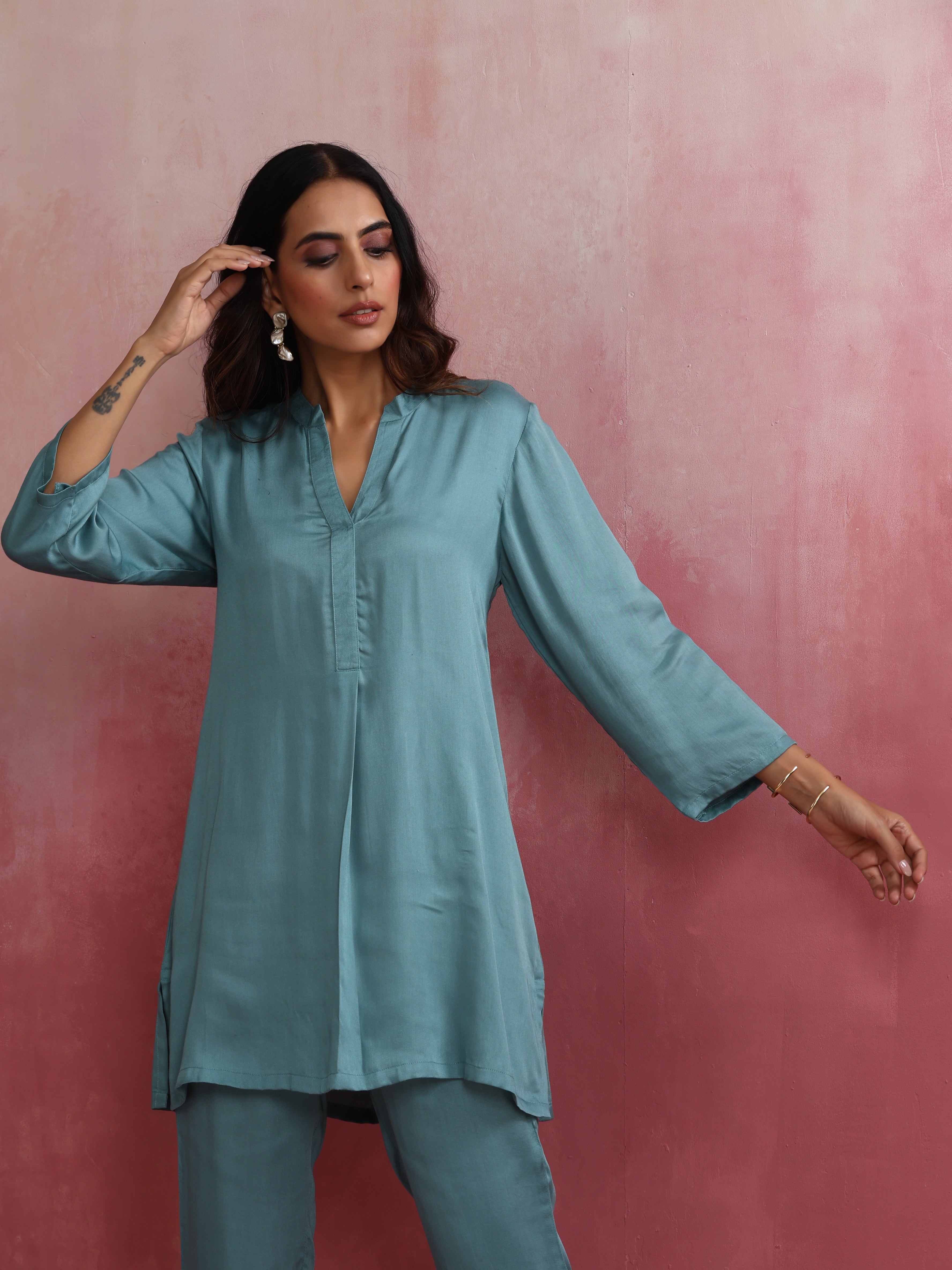 trueBrowns Light Blue Modal Straight Kurta Co-ord Set