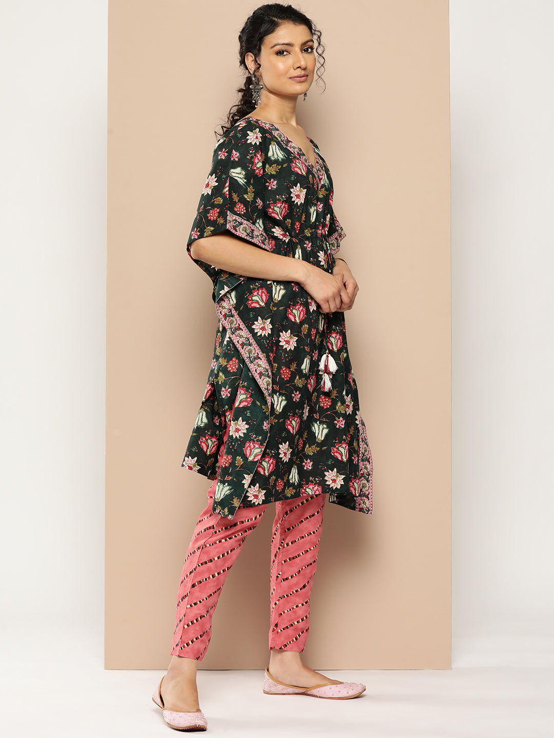 KSUT (House of Varanga) Green And Peach Floral Print Kaftan Trouser Set.