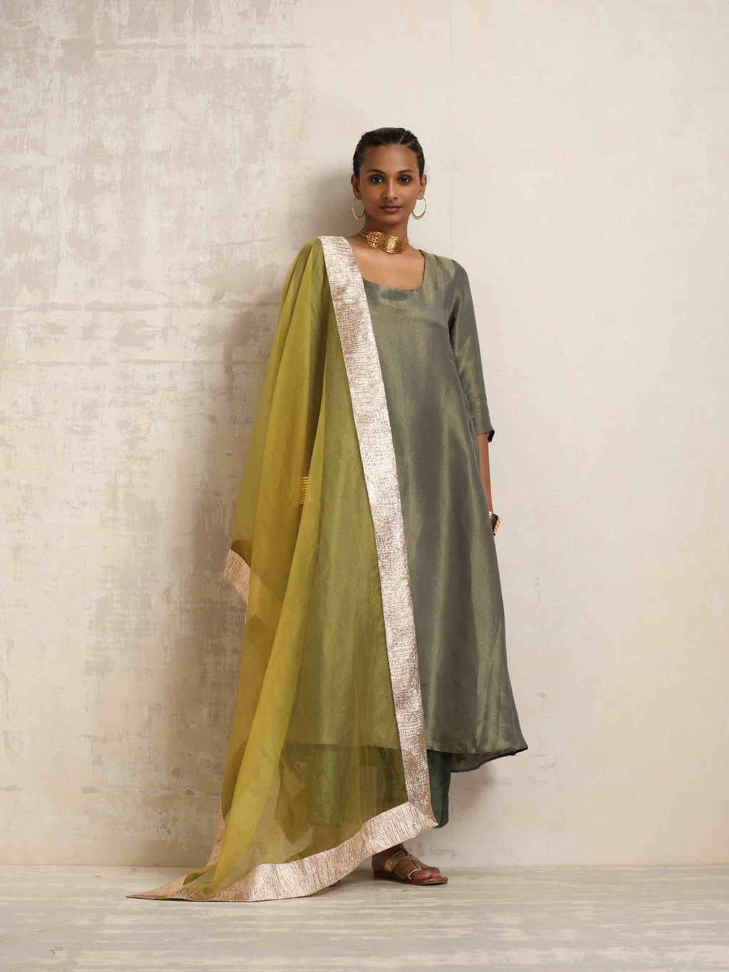 trueBrowns Green Tissue Anarkali Kurta Dupatta Set