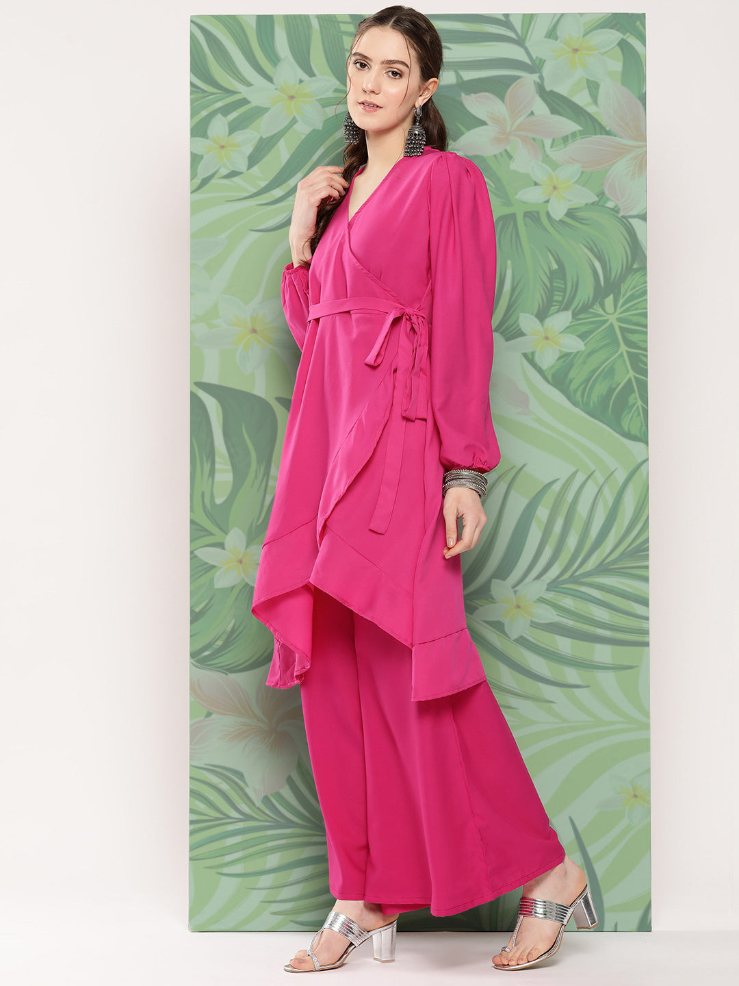 InWeave Women's Magenta Tie Up Kurta Set W Navy Pink Or Dupatta