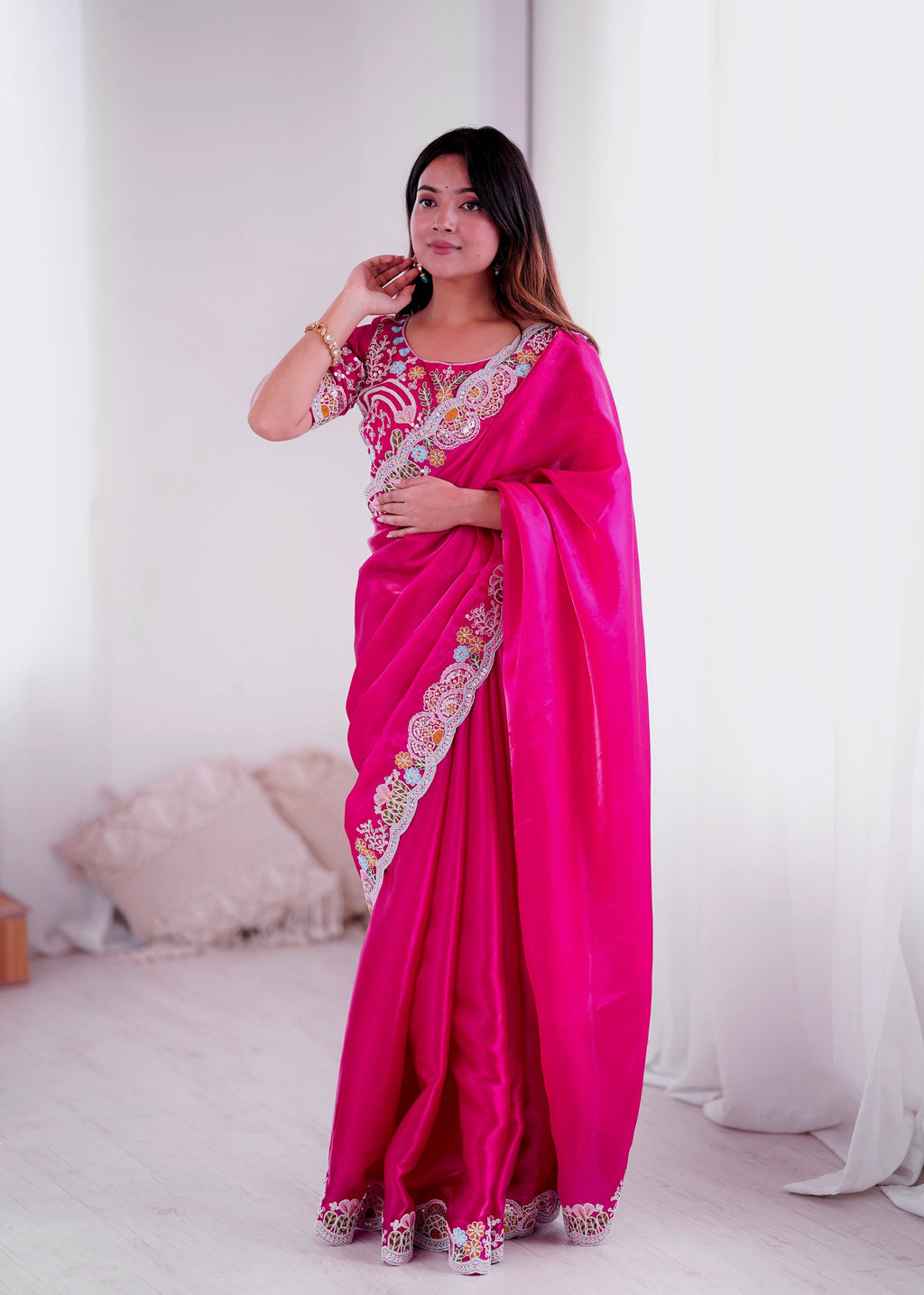 Lorenvalley Fashion Magenta Jimmy Choo with Embroidery Threads Codding & Sequins Work Saree with Blouse