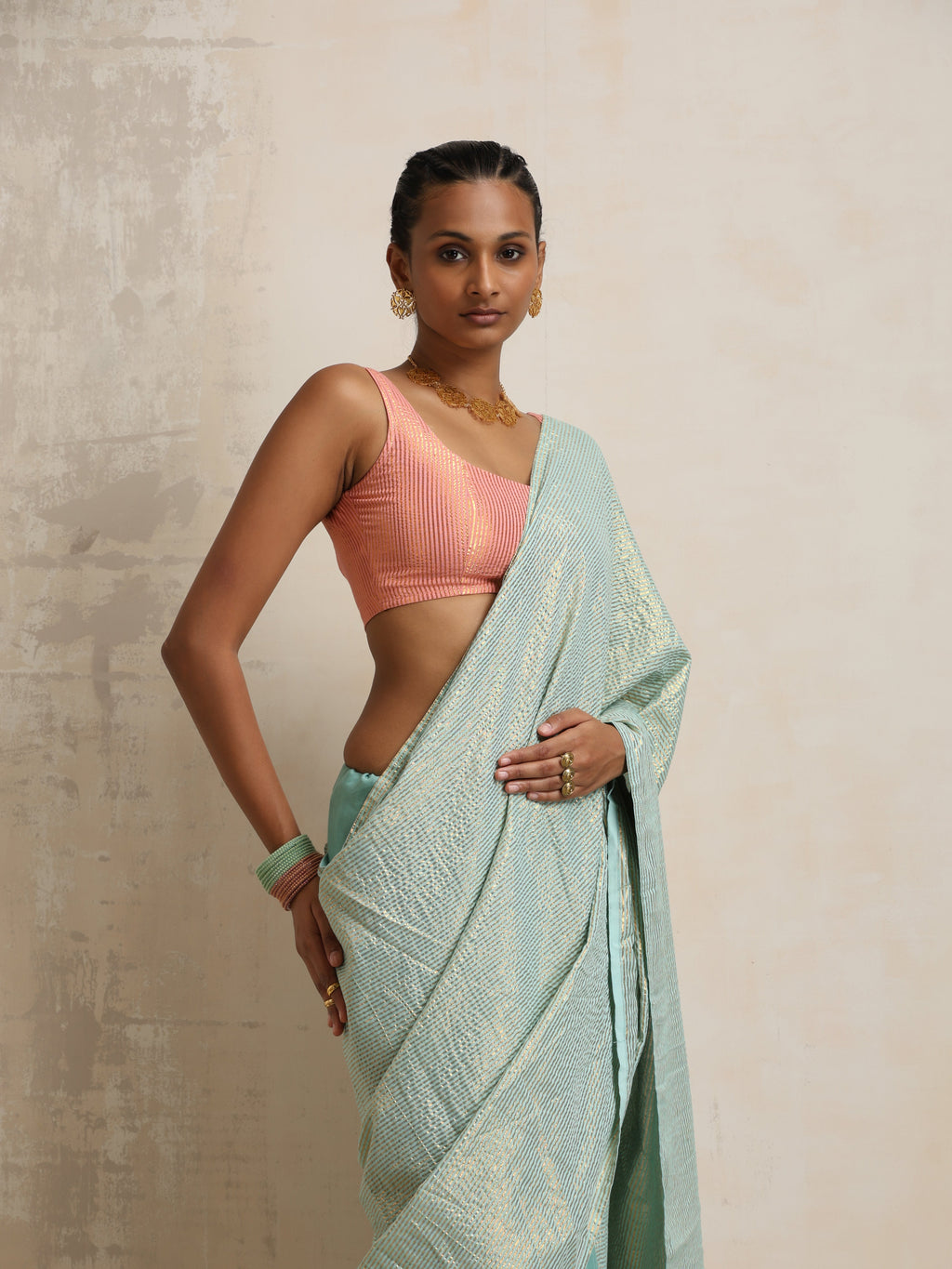 trueBrowns Blue Gold Metallic Ready To Wear Saree